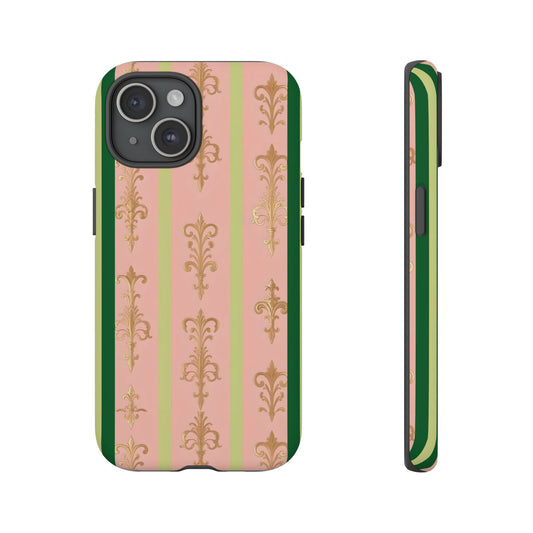 Elegant Floral Motif Phone Case - Tough Cases with Vintage Design - Lime Green & Pink Striped Damask