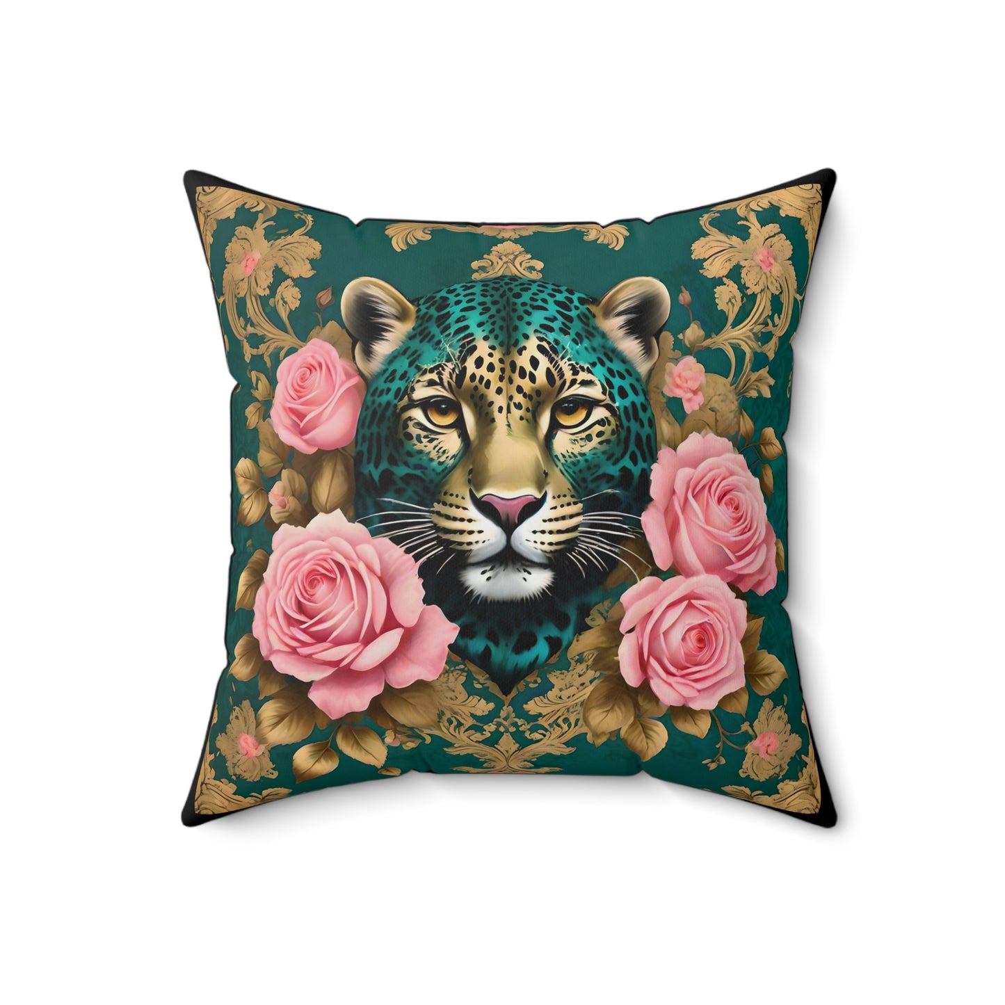 Floral Leopard Print Pillow, Decorative Cushion for Living Room - Teal Leopard