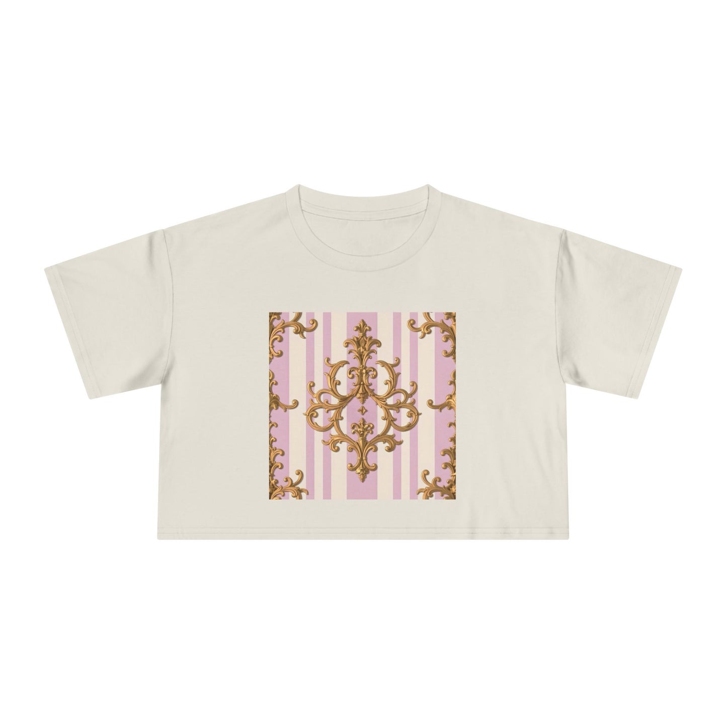 Chic Women's Crop Tee with Elegant Pink and Gold Design, Fashion Tee, Summer Style, Gift for Her - Lilac & Alabaster Striped Gold Baroque