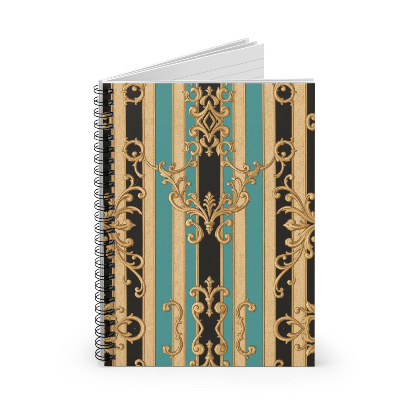 Elegant Black, Tan & Ocean Green Striped Gold Baroque Spiral Notebook - Ruled Lines, Vintage Style Journal, Office Supplies, Gift for Writers