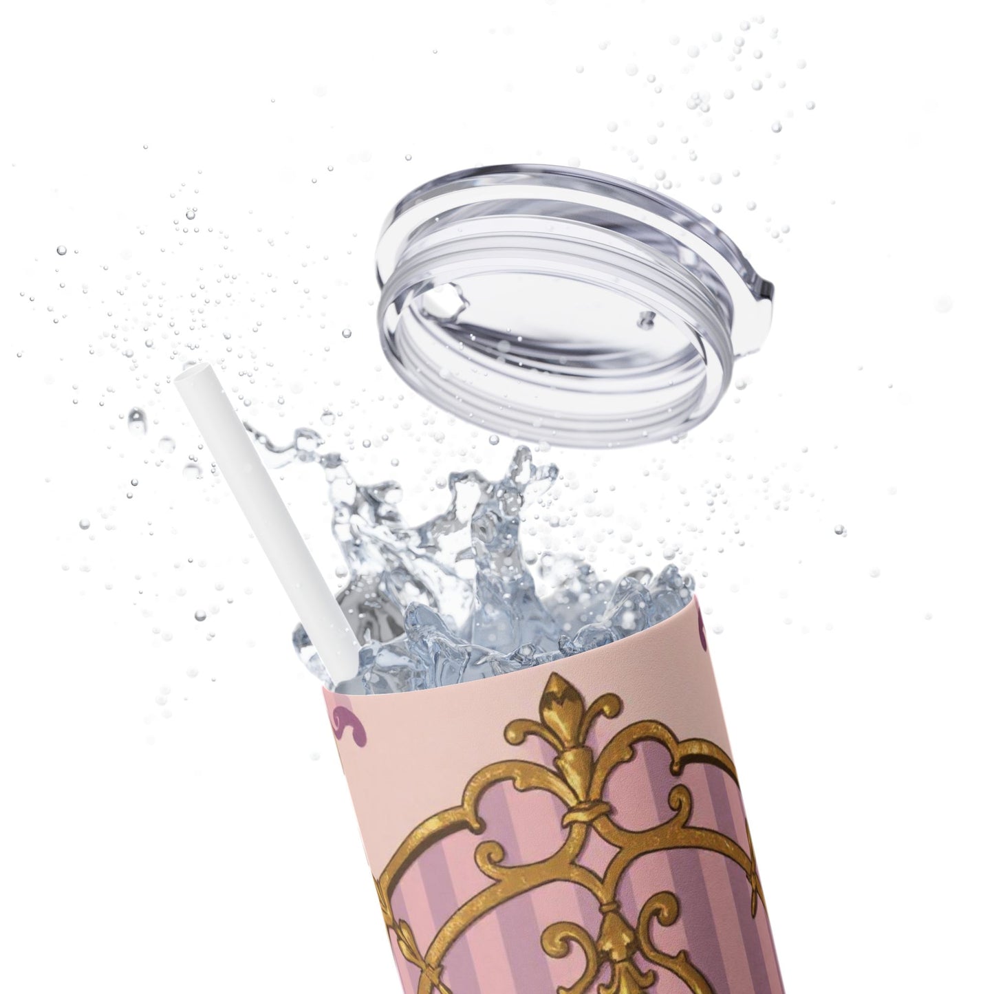 Elegant Lavender & Alabaster Striped Gold Baroque Tumbler - Insulated 20oz Skinny Cup with Straw, Ideal for Gifts, Parties, and Daily Use