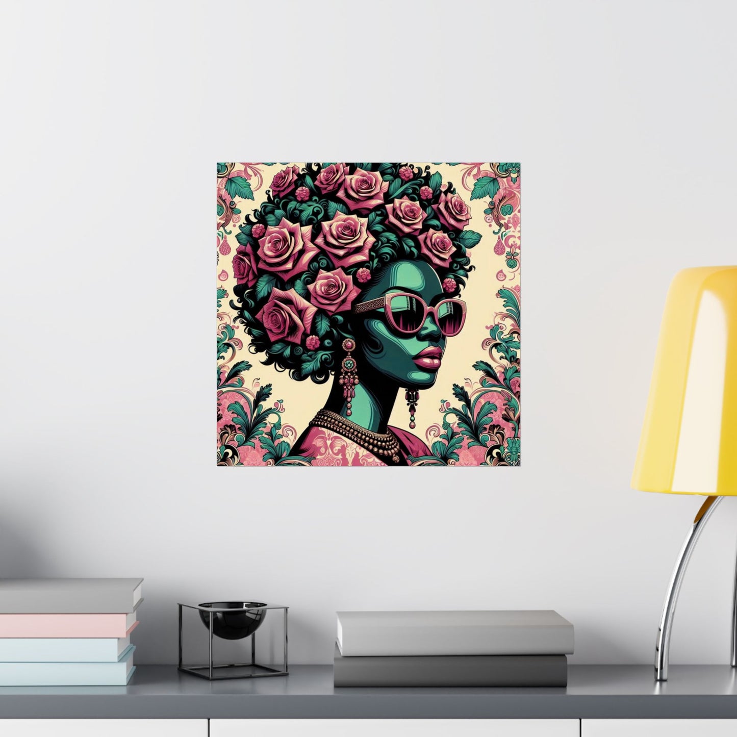 Floral Afro Art Poster - Elegant Matte Vertical Wall Decor - Teal Lady With Damask & Roses