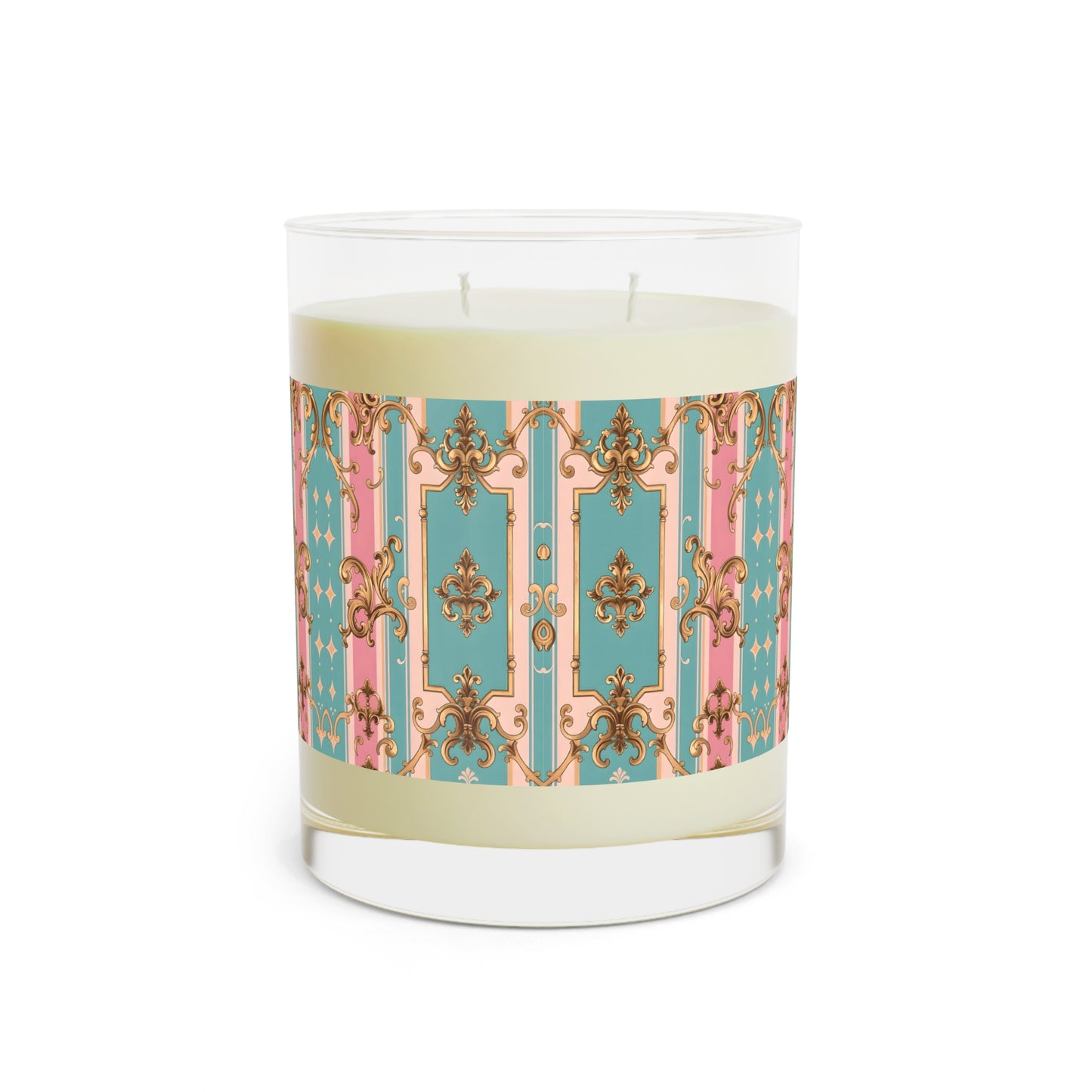 Elegant Scented Candle - Luxurious Home Decor, Aromatherapy Gift, Stylish Candle - Pink & Matte Turquoise Striped Rococo