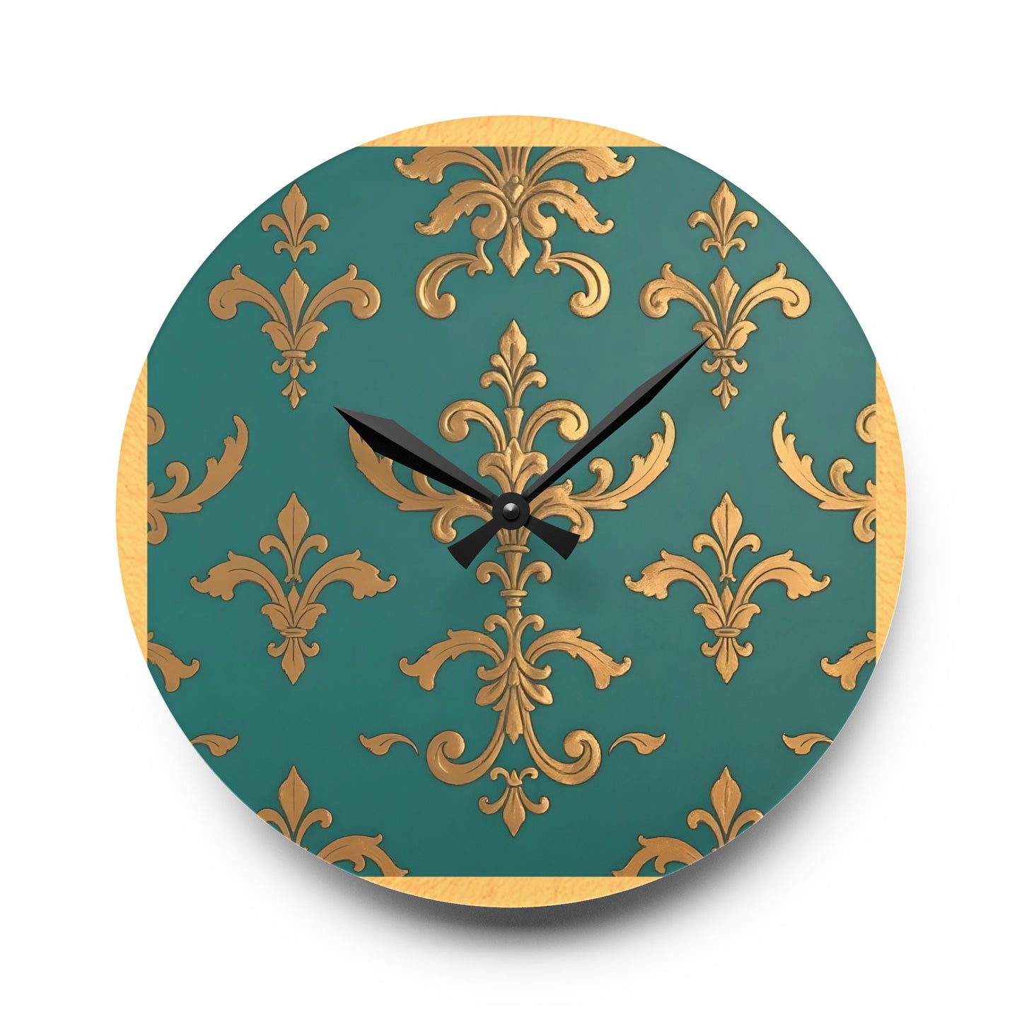 Bohemian Damask-Inspired Acrylic Wall Clock with Floral Design -  Aqua & Gold Design