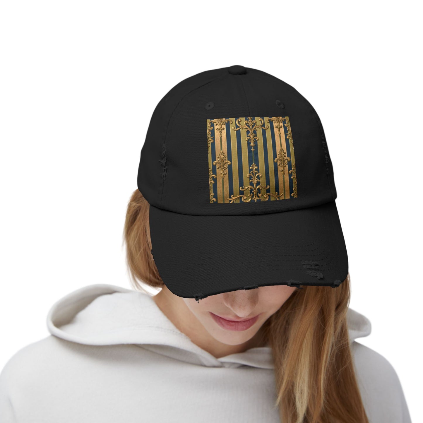 Stylish Midnight Blue & Olive Striped Gold Baroque Unisex Distressed Cap with Elegant Gold Accent, Fashionable Hat for Casual Days, Gift for Birthdays