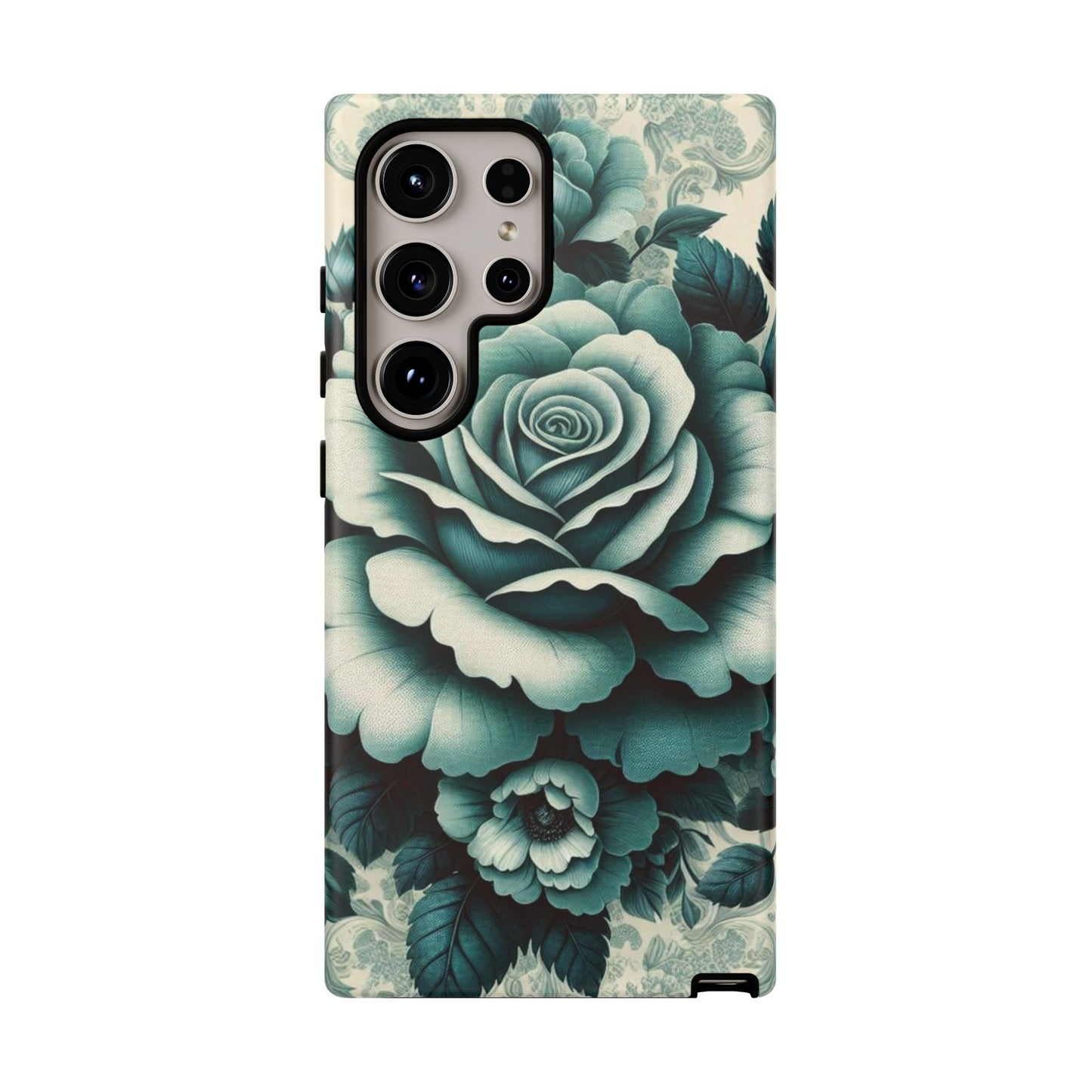 Elegant Floral Motif Phone Case - Tough Cases with Vintage Design - Teal Roses & Damask
