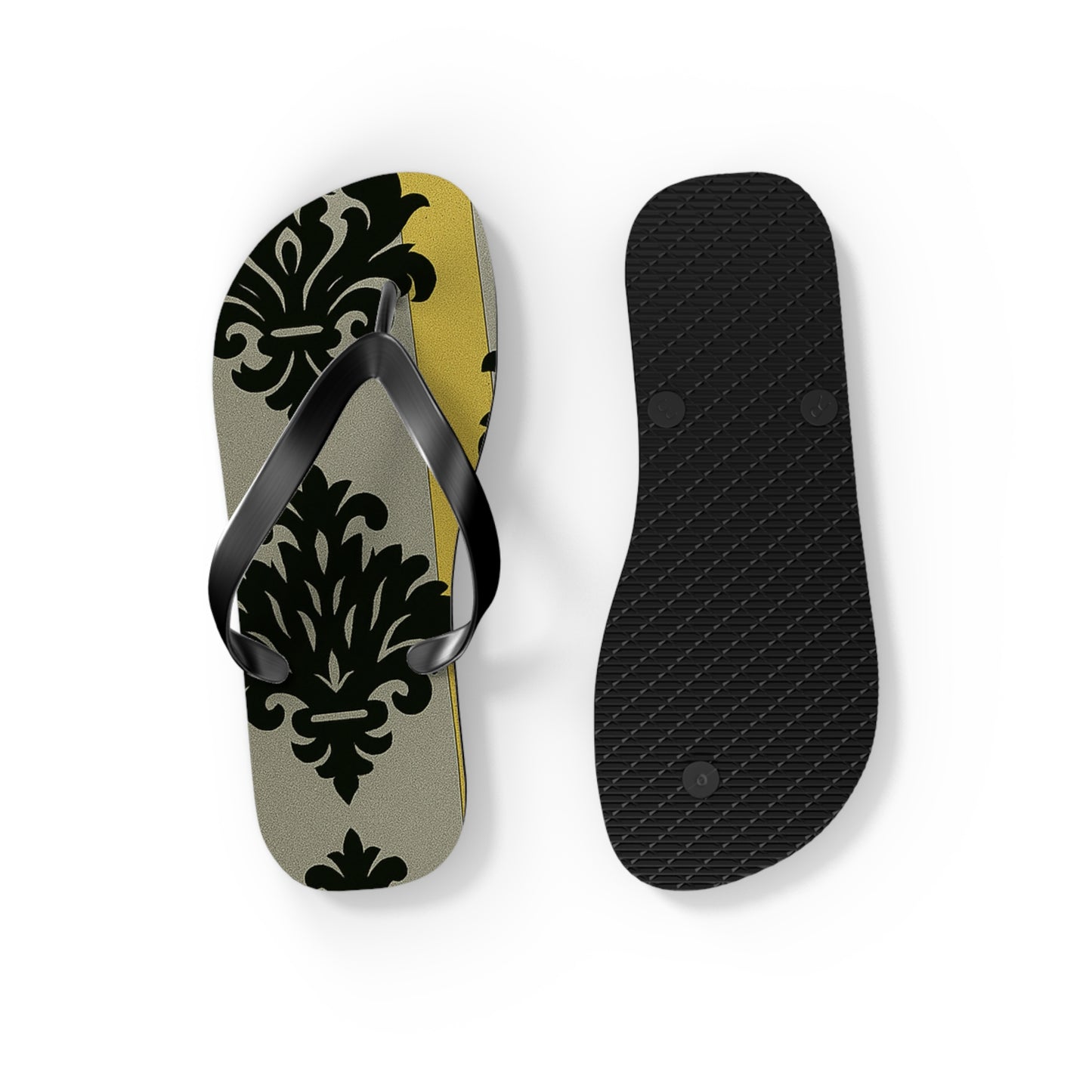 Stylish Flip Flops - Summer Sandals for Beach, Vacation, and Casual Wear - Silver & Gold Striped Black Baroque