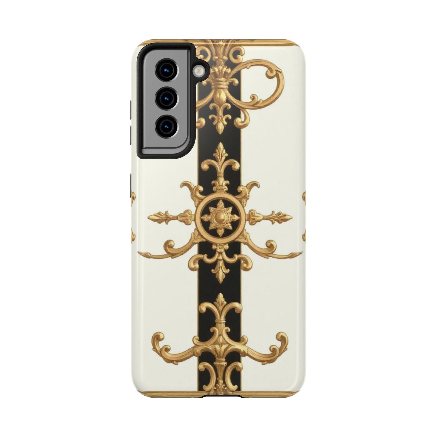 Elegant Baroque Tough Phone Case | Stylish Protection for Your Device, Gift for Her, Phone Accessories - Black & White Striped Gold Baroque
