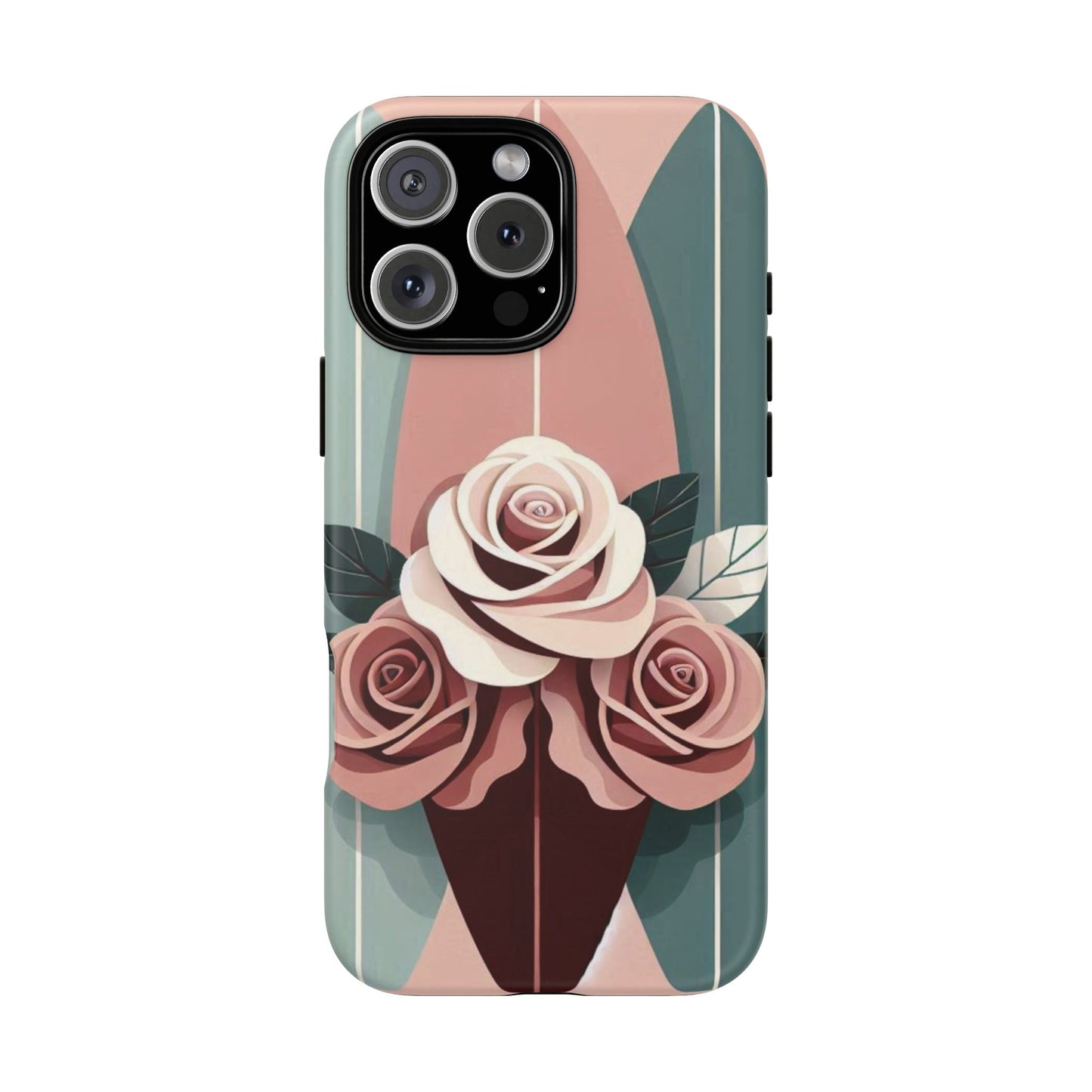 Phone Case - Burgundy, Matte Mauve & Teal Surfboard & Roses Design