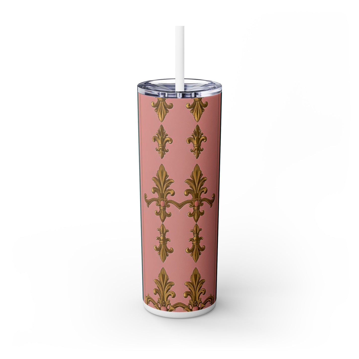 Elegant Pink and Green Skinny Tumbler with Straw, 20oz - Ideal for Gifts, Travel, Home, Events - Pink & Teal Striped Gold Baroque