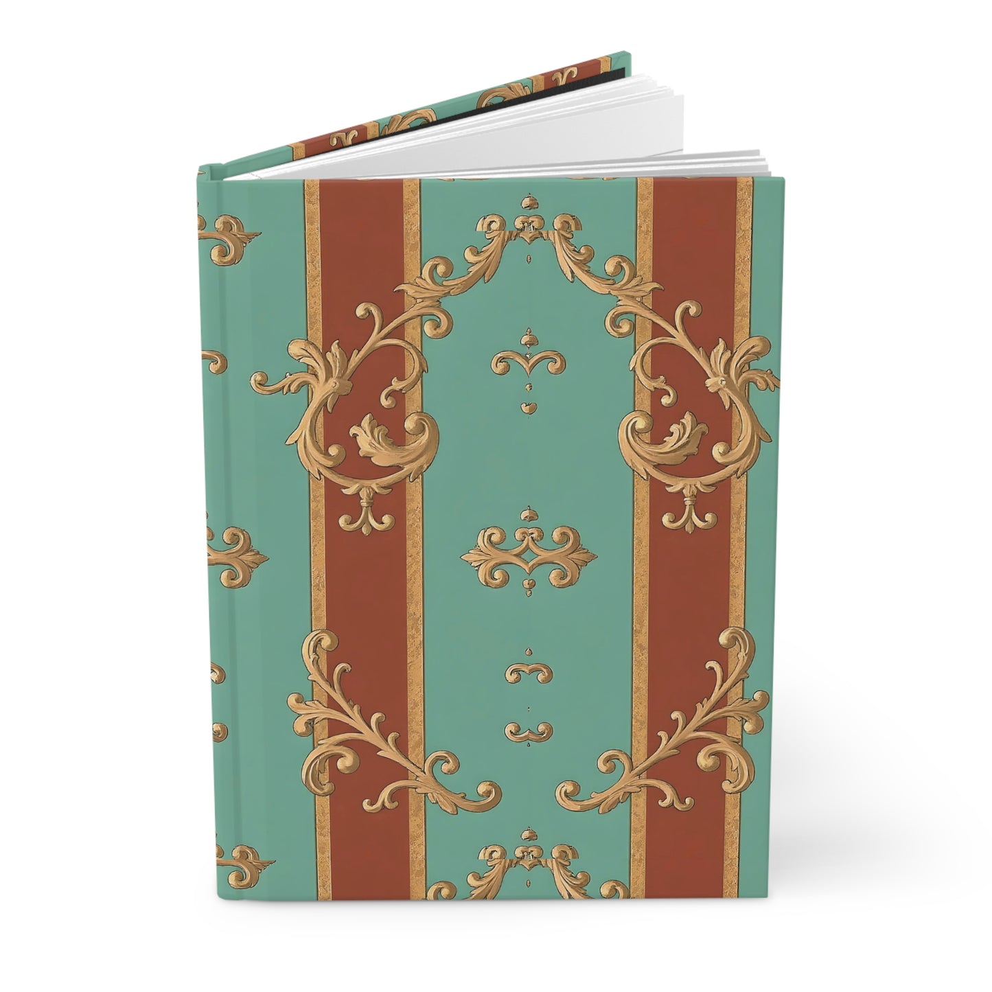 Elegant Vintage Hardcover Journal - Ornate Design for Note-Taking and Journaling - Rust & Mint Aqua Striped Baroque