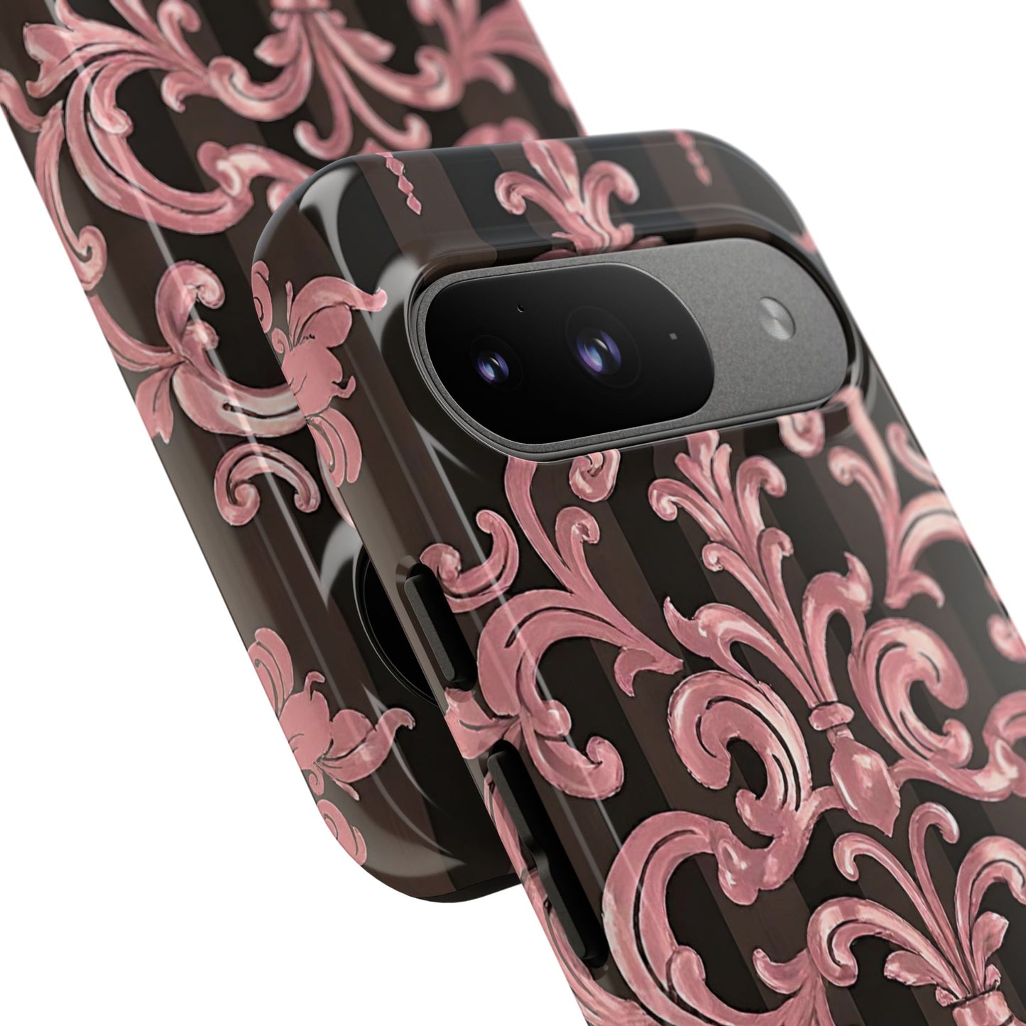 Elegant Floral Motif Phone Case - Tough Cases with Vintage Design - Brown Striped Mauve Damask