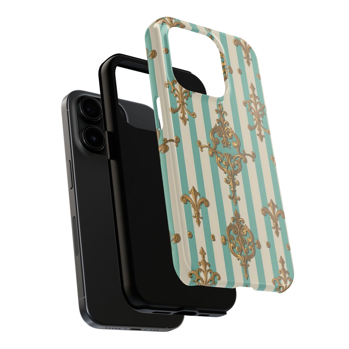Elegant Striped Phone Case with Vintage Design, Tough Phone Cover, Stylish Smartphone Case - Matte Green Striped Rococo