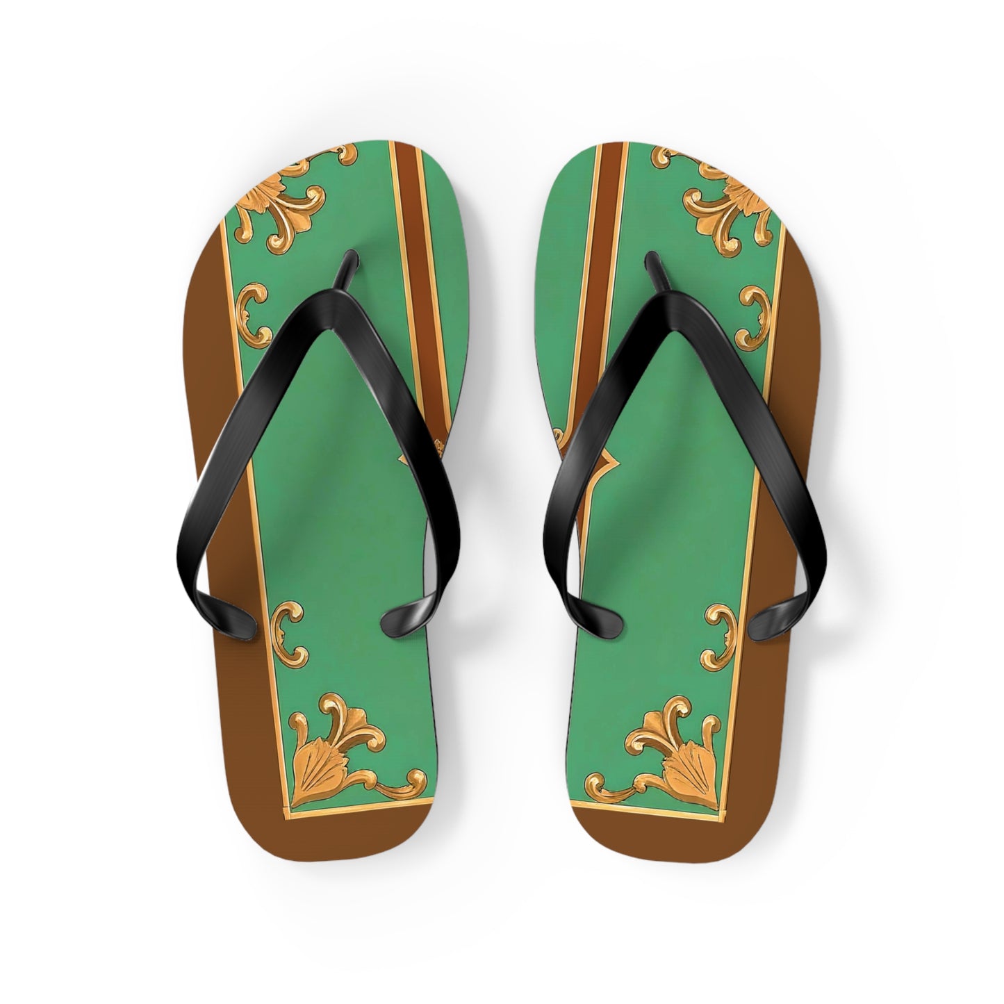 Elegant Floral Flip Flops for Summer Getaways - Rust & Green Striped Baroque