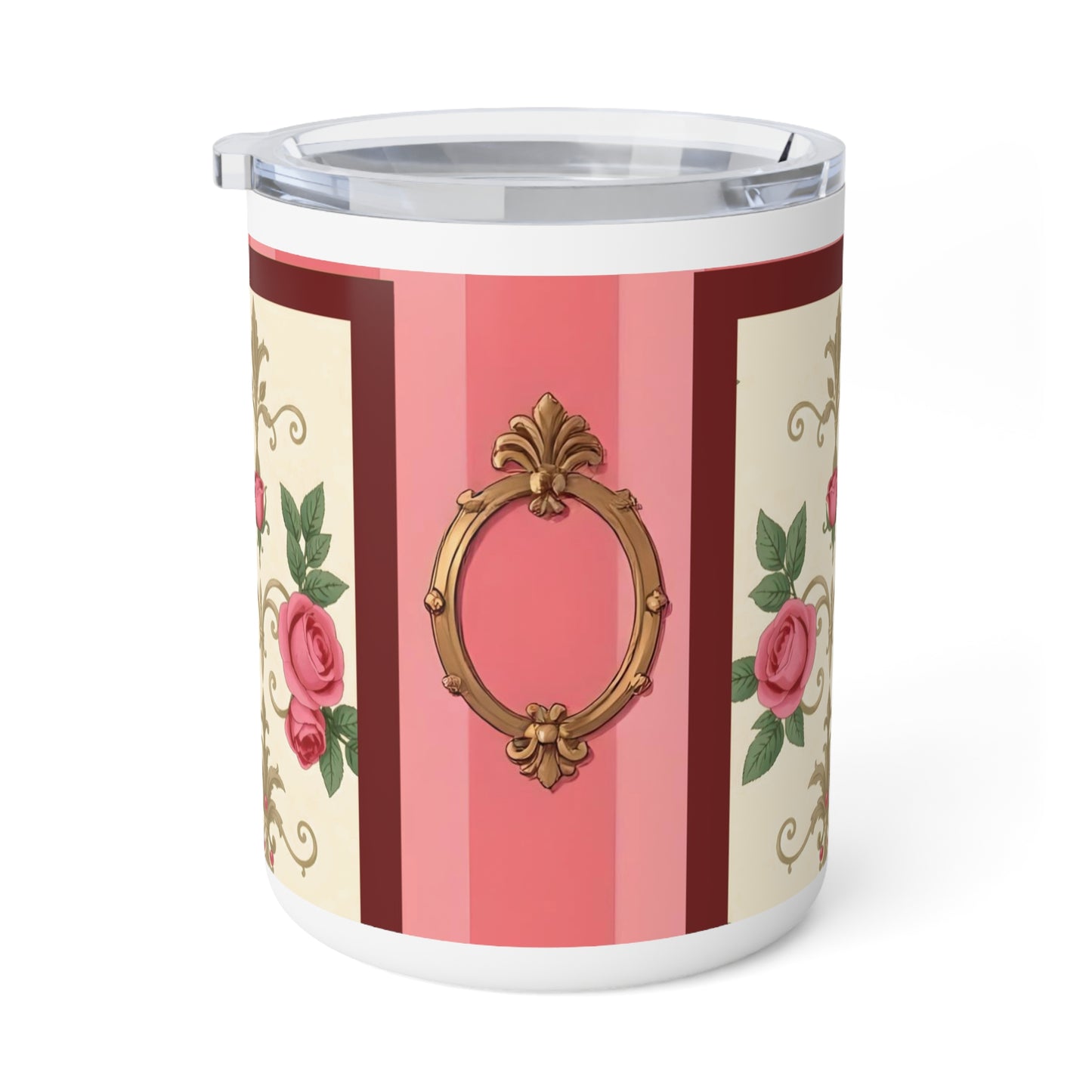 Elegant Floral Insulated Coffee Mug - 10oz Travel Cup for Tea Lovers - Pink Striped Baroque & Roses