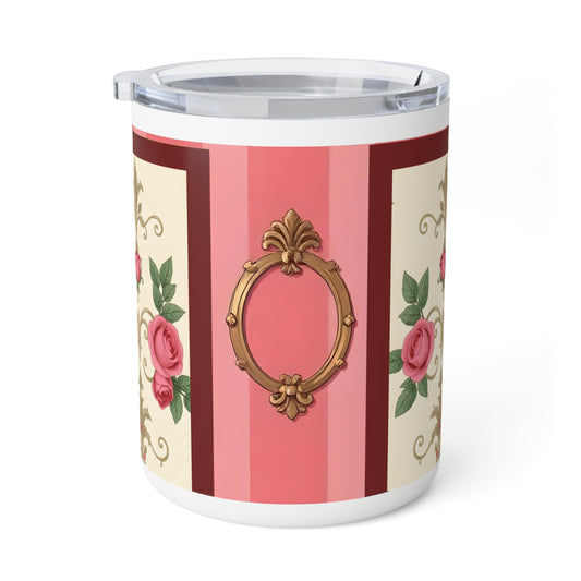 Elegant Floral Insulated Coffee Mug - 10oz Travel Cup for Tea Lovers - Pink Striped Baroque & Roses