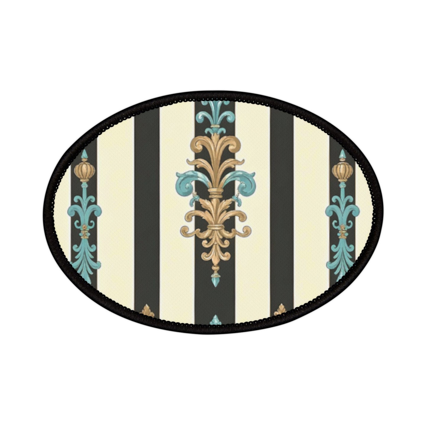 Vintage Floral Iron-On Patches for Denim, Jackets, Bags, Crafts, Customizations - Black Striped Turquoise & Black Rococo