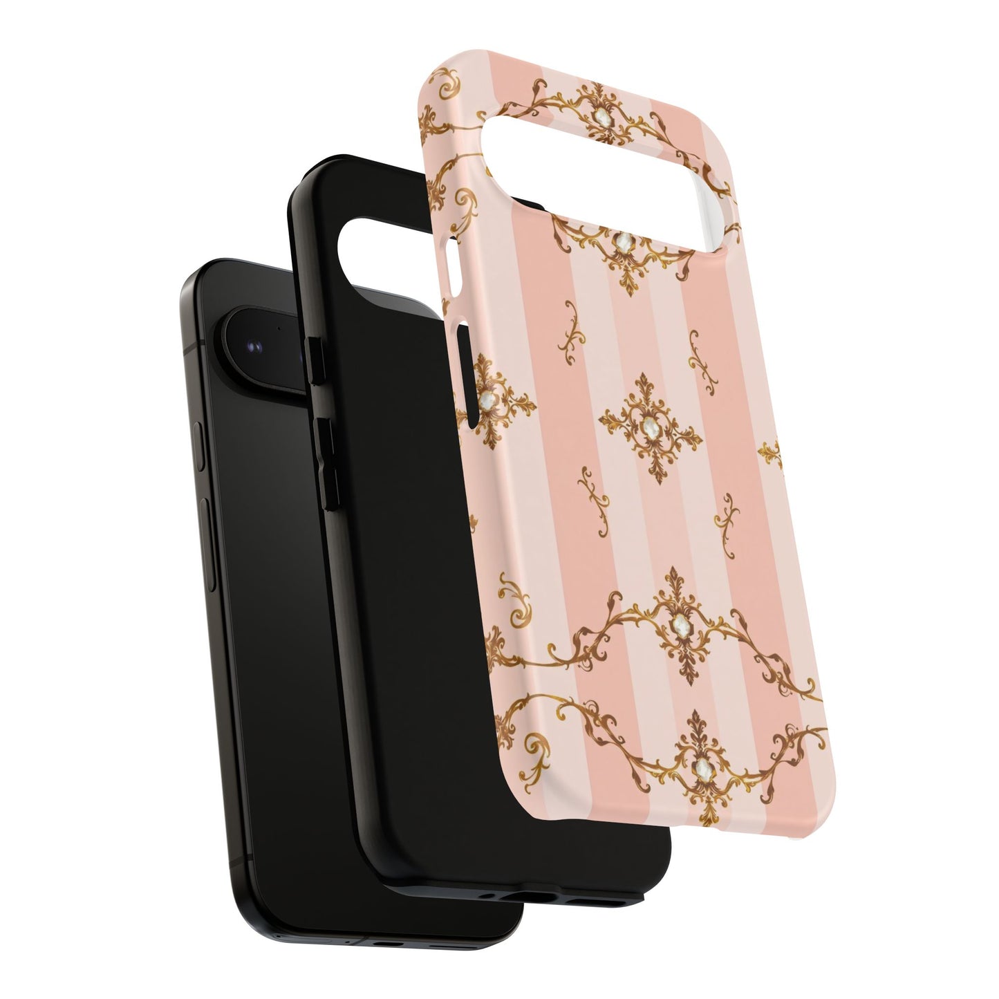 Elegant Floral Phone Case, Tough Cases for Women, Trendy Phone Cover, Chic Gift - Pink Jeweled Striped Gold Baroque