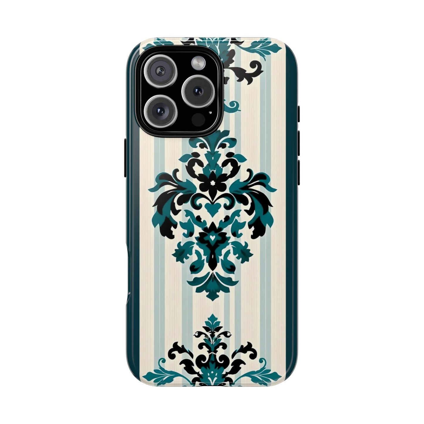Elegant Floral Phone Case - Tough Cases with Vintage Design - Teal Striped Damask