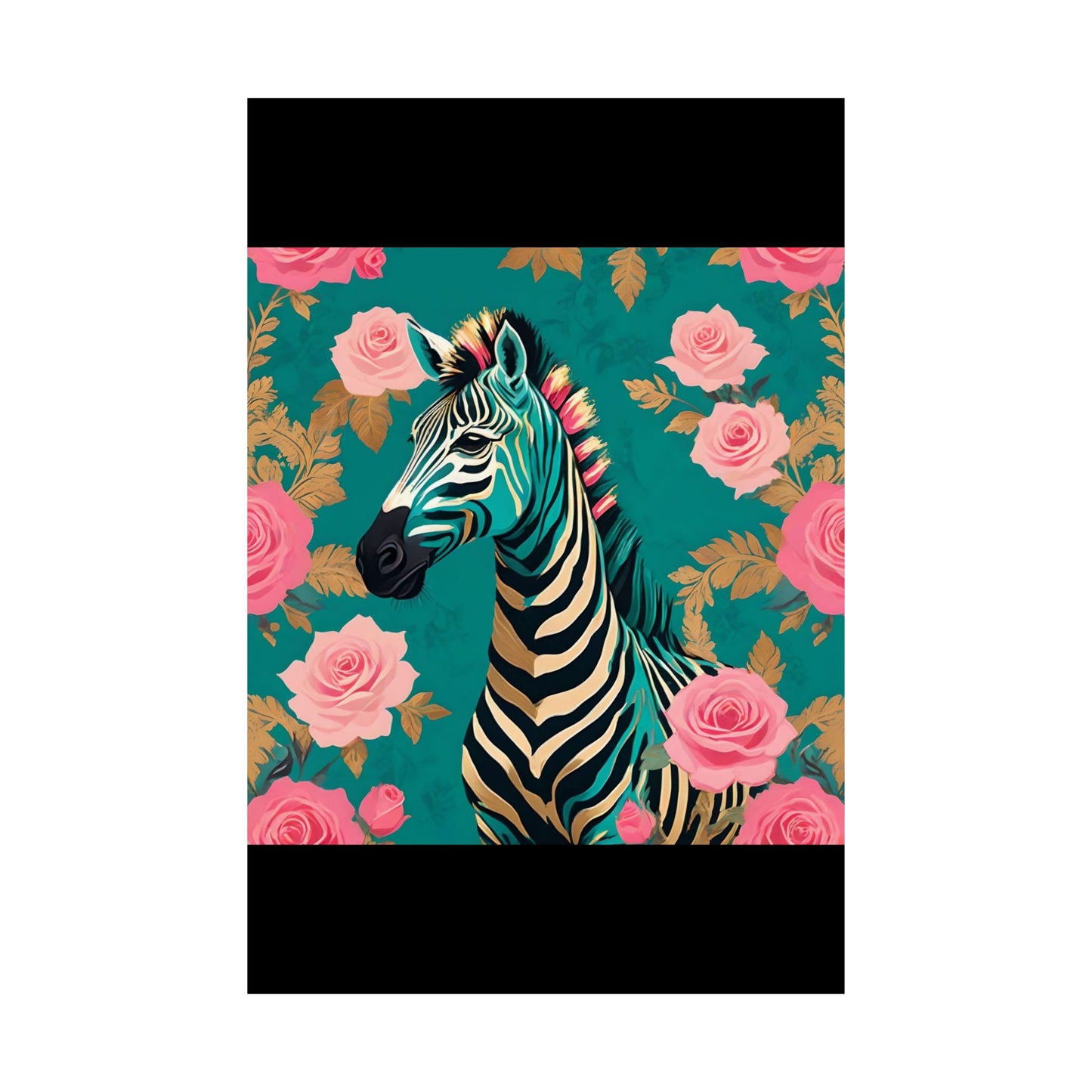 Floral Art Poster - Elegant Matte Vertical Wall Decor - Teal & Gold Zebra & Roses