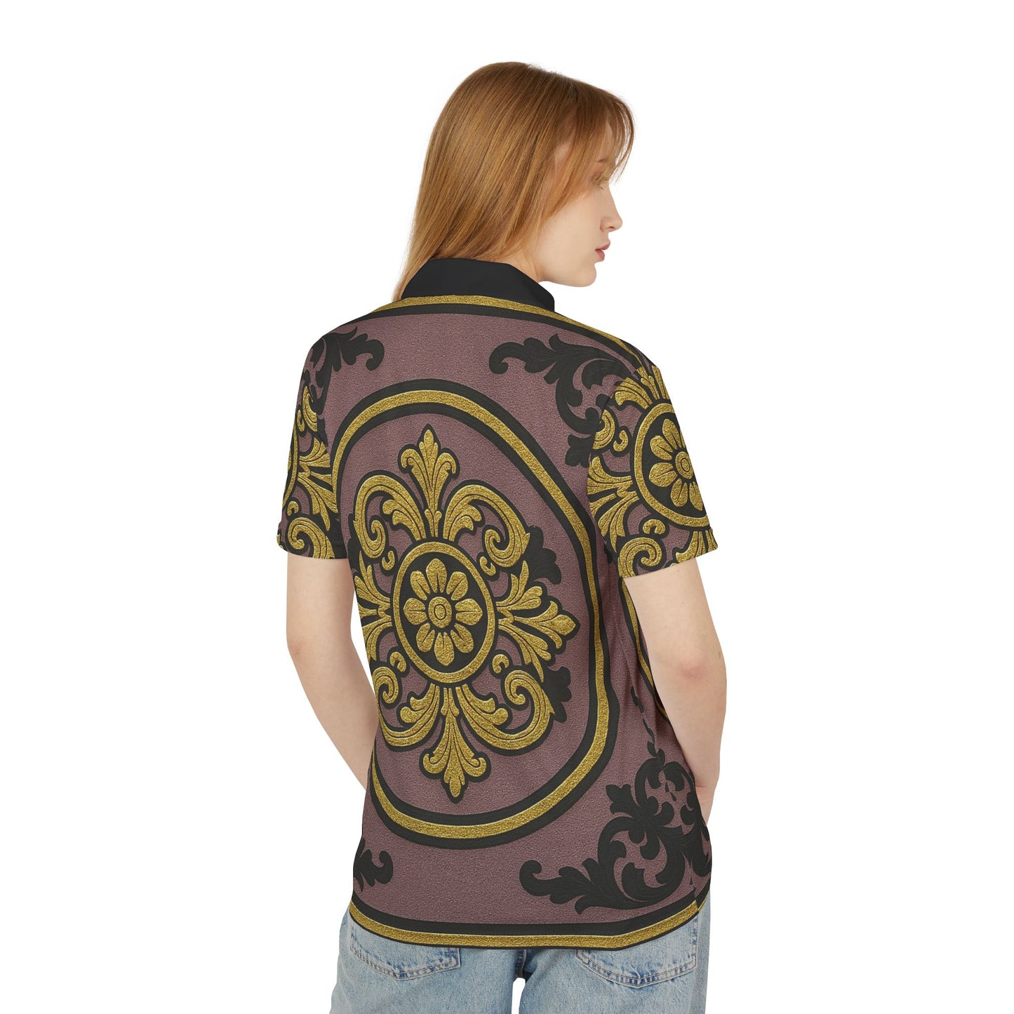 Elegant Gilded Mauve With Gold-Black Baroque Unisex Polo Shirt, Stylish Casual Wear, Perfect for Summer Parties, Birthdays, Weddings