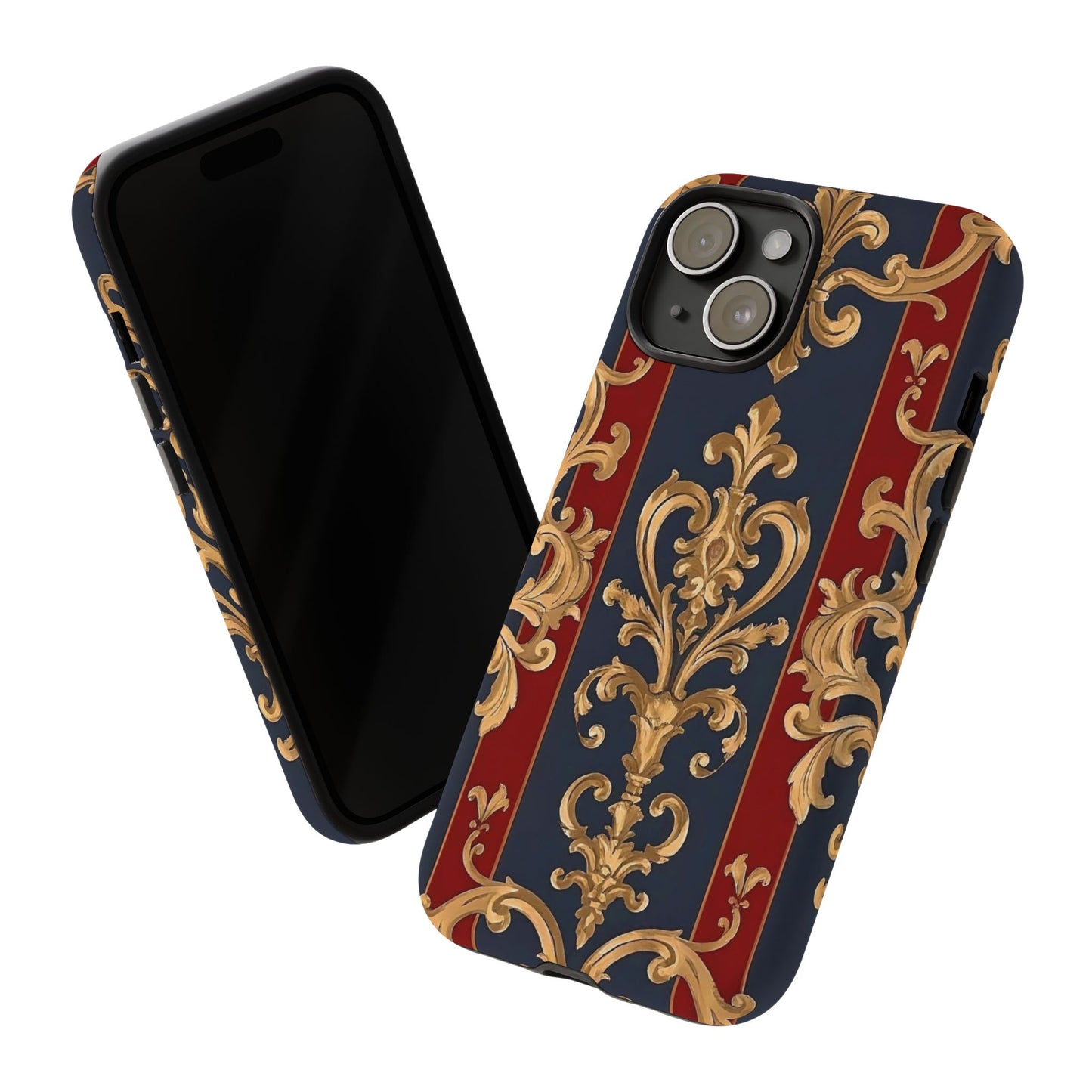 Elegant Floral Motif Phone Case - Tough Cases with Vintage Design - Midnight Blue & Dusk Red Striped Gold Damask