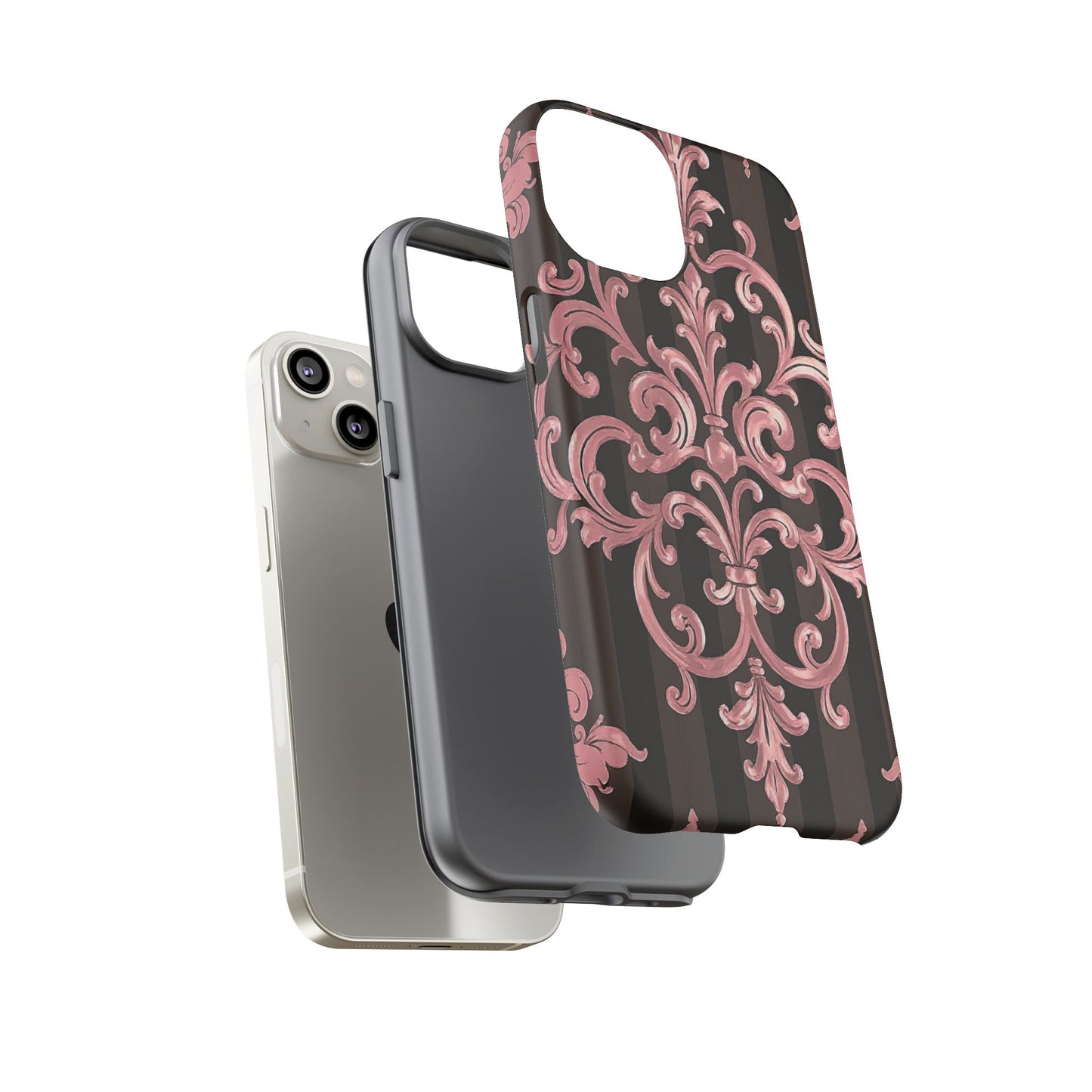 Elegant Floral Motif Phone Case - Tough Cases with Vintage Design - Brown Striped Mauve Damask