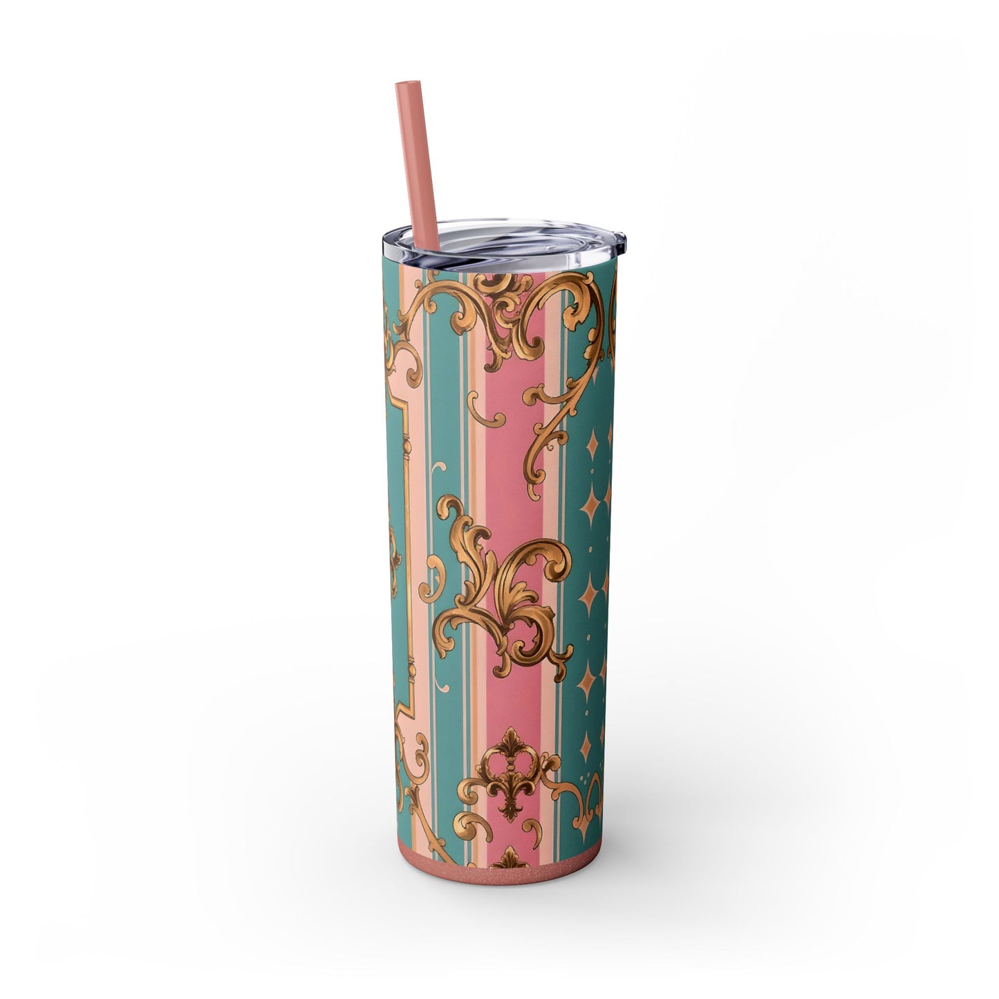 Elegant Floral Skinny Tumbler, 20oz Travel Mug, Stylish Drinkware, Perfect Gift for Her, Vintage Inspired - Pink & Matte Turquoise Striped Rococo