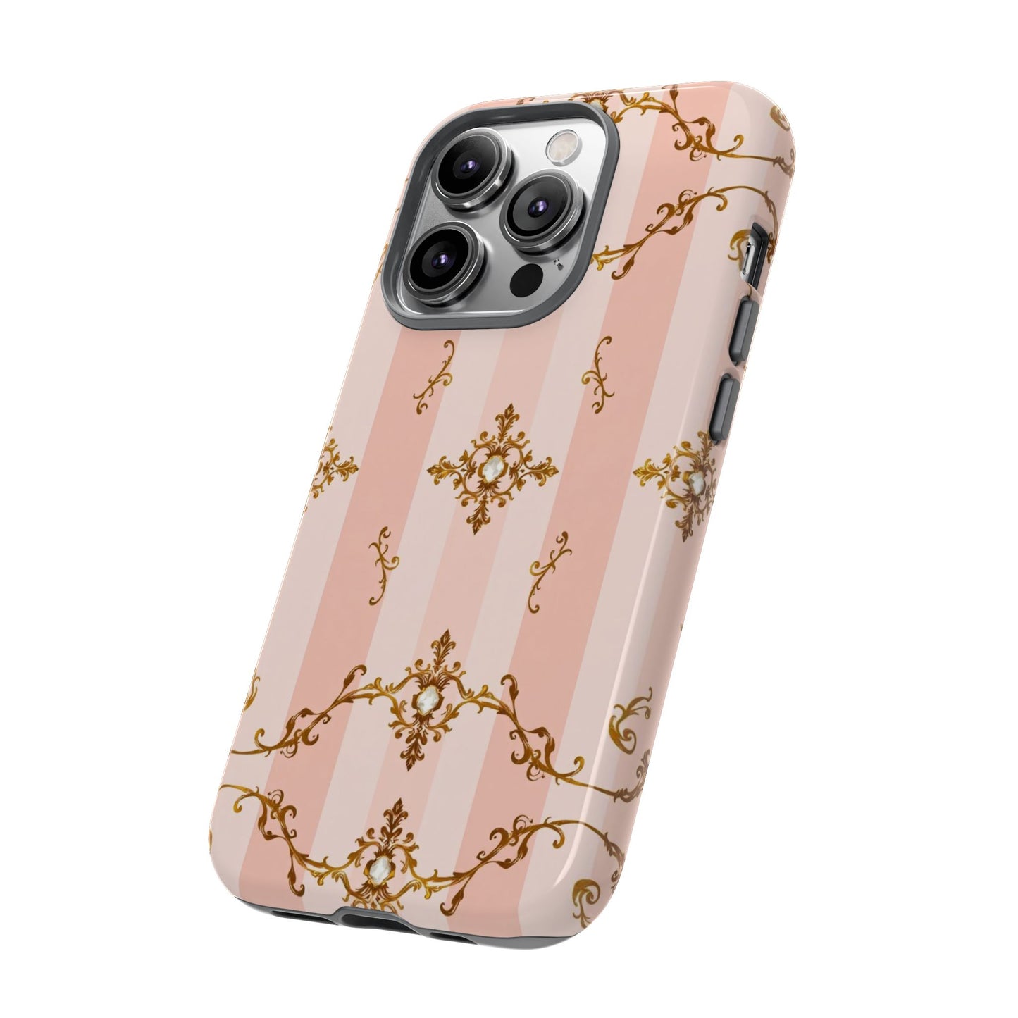 Elegant Floral Phone Case, Tough Cases for Women, Trendy Phone Cover, Chic Gift - Pink Jeweled Striped Gold Baroque