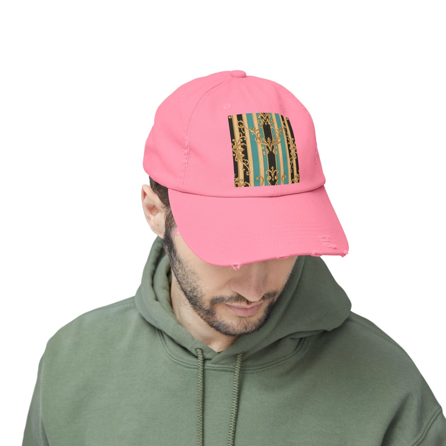 Distressed Black, Tan & Ocean Green Striped Gold Baroque Cap with Elegant Stripe Design | Vintage-Inspired Accessories, Unisex Casual Hat