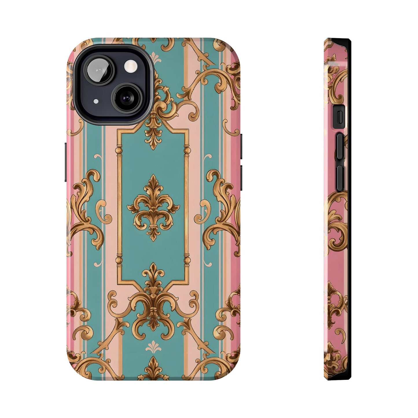 Elegant Floral Tough Phone Case, Artistic Phone Cover, Gift for Her, Chic Phone Accessory - Pink & Matte Turquoise Striped Rococo