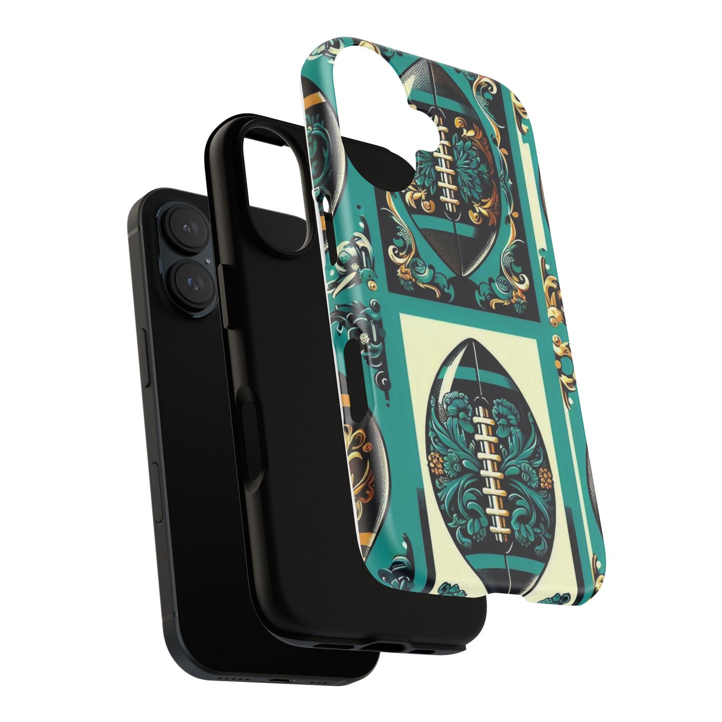 Elegant Floral Motif Phone Case - Tough Cases with Vintage Design -  Damask Teal, Gold & Black Footballs
