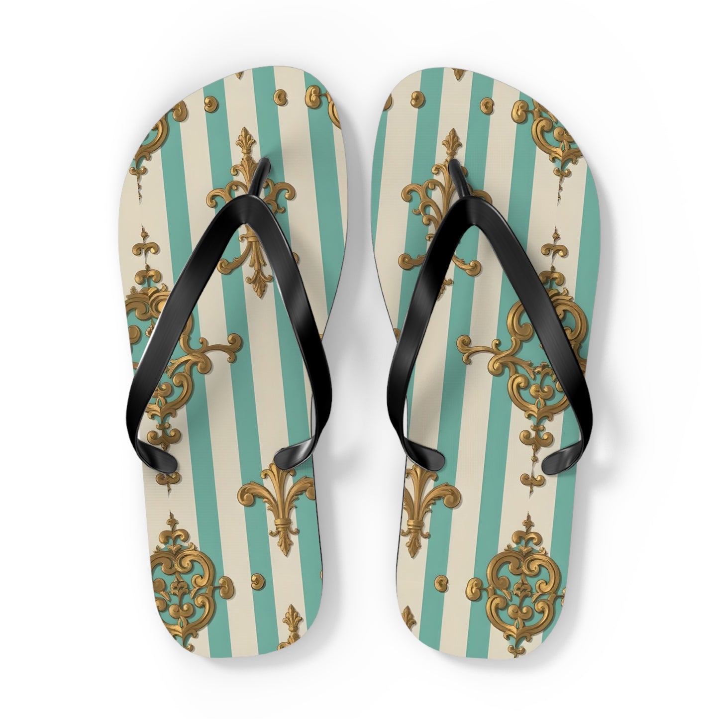 Chic Floral Flip Flops - Summer Sandals, Beach Footwear, Vacation Ready, Boho Style, Gift for Her - Matte Green Striped Rococo