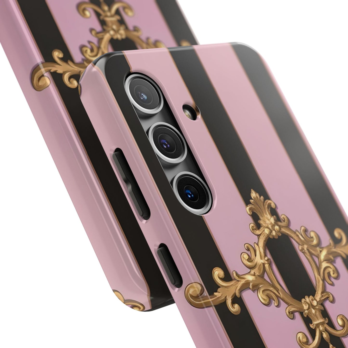 Stylish Tough Phone Case for Elegant Protection, Fashionable Accessories, Smartphone Cover - Matte Lavender & Black Striped Gold Baroque
