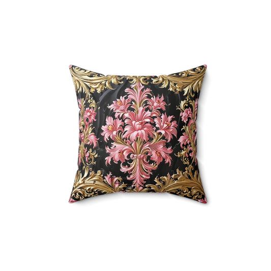 Vintage Floral Faux Suede Pillow, Boho Throw Pillow Cover, Elegant Home Decor Cushion, Luxurious Accent Pillow - Black & Pink Oil Painting Style Rococo