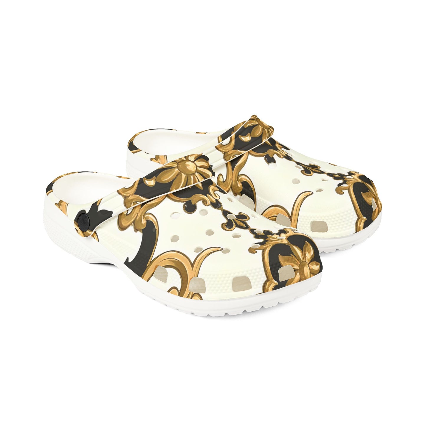 Elegant AOP EVA Foam Rubber Shoes - Stylish Comfort for Home & Outdoors, Trendy Clogs for Fashion Lovers - Black & Gold Rococo