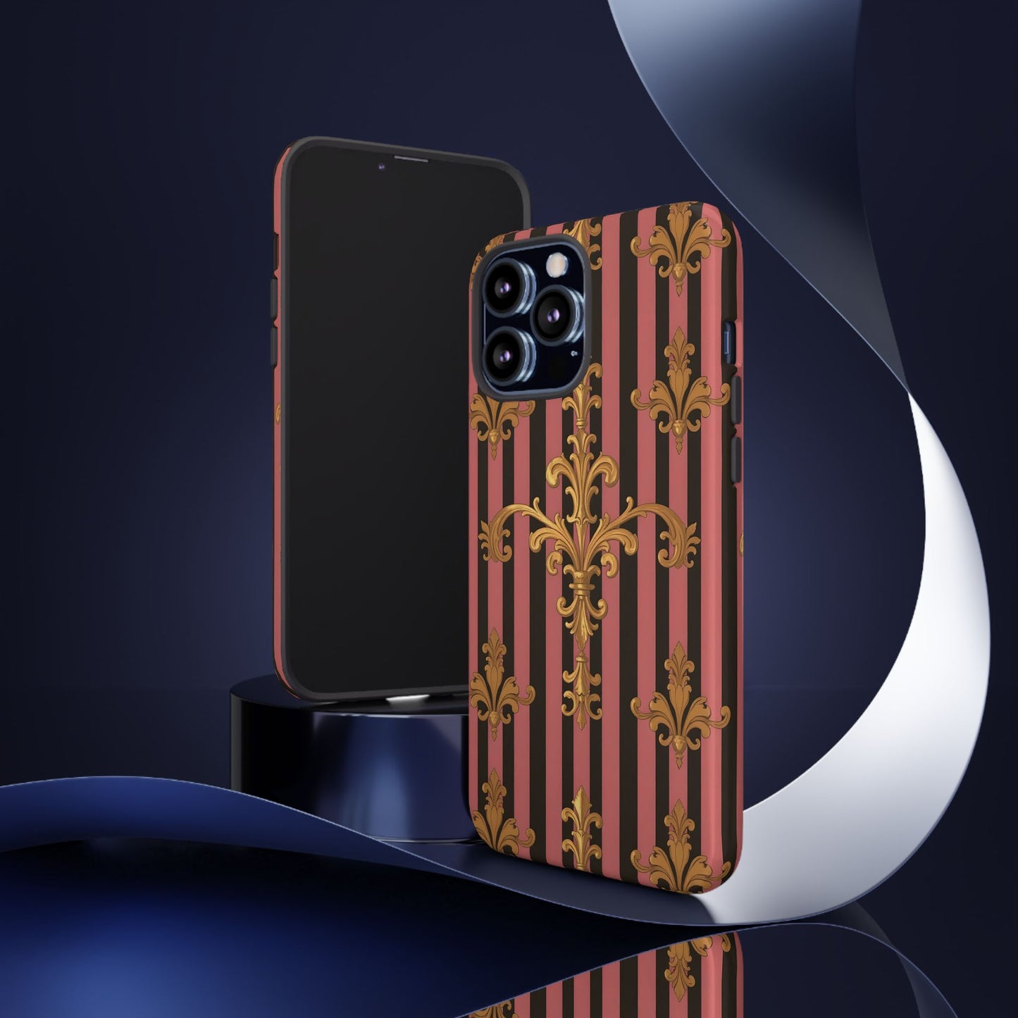 Elegant Floral Motif Phone Case - Tough Cases with Vintage Design - Mauve Striped Gold Damask