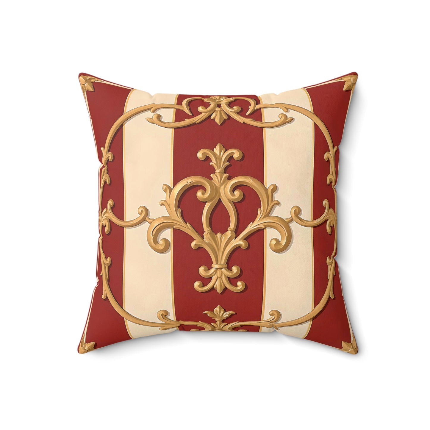 Elegant Faux Suede Square Pillow with Gold Ornate Design - Alabaster & Dusk Orange Striped Baroque