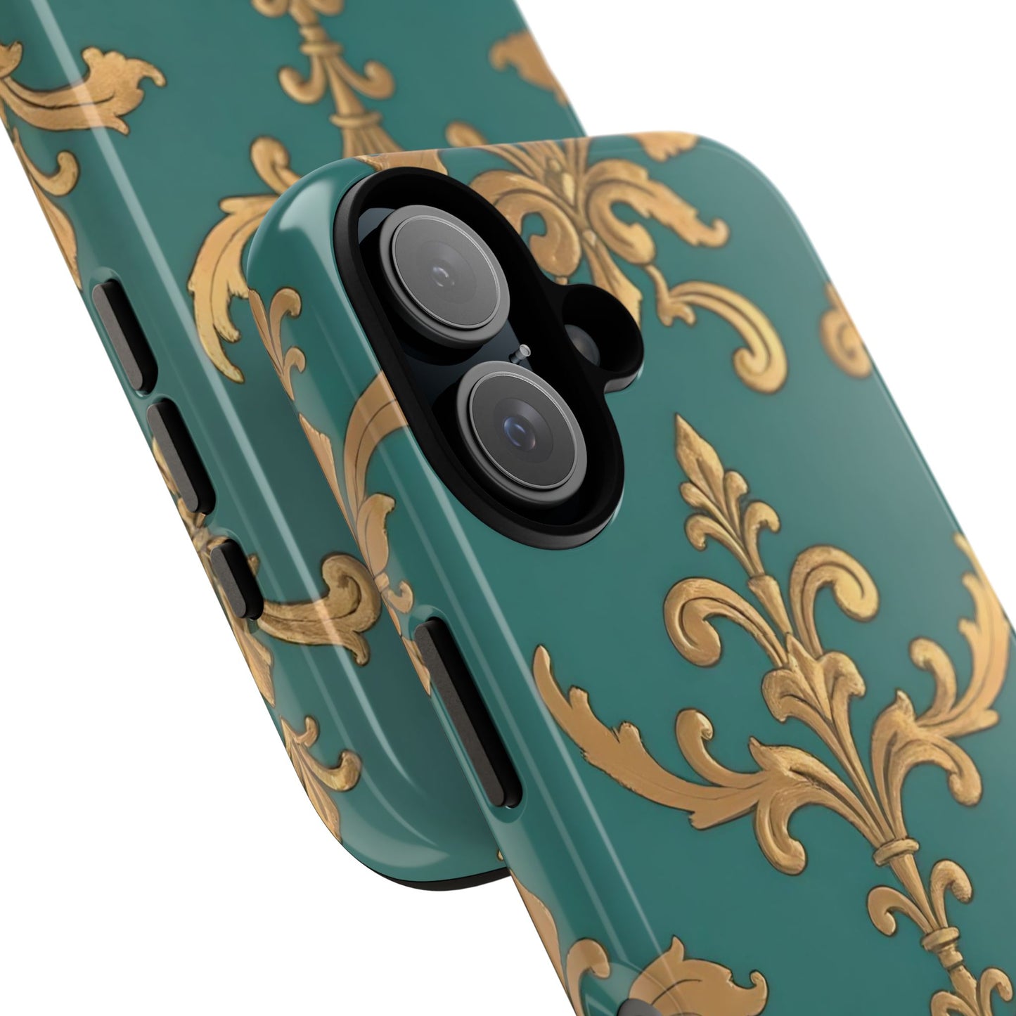 Elegant Floral Motif Phone Case - Tough Cases with Vintage Design - Aqua & Gold Damask