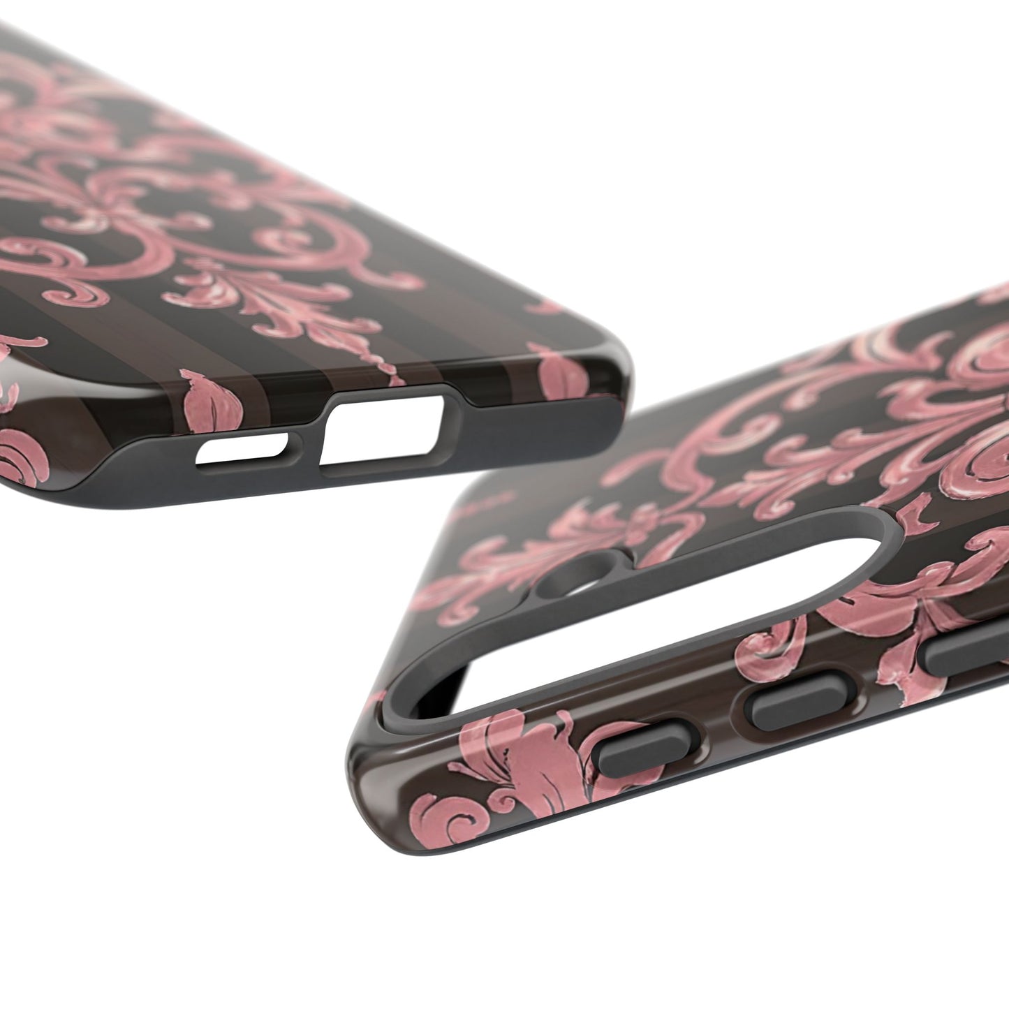Elegant Floral Motif Phone Case - Tough Cases with Vintage Design - Brown Striped Mauve Damask
