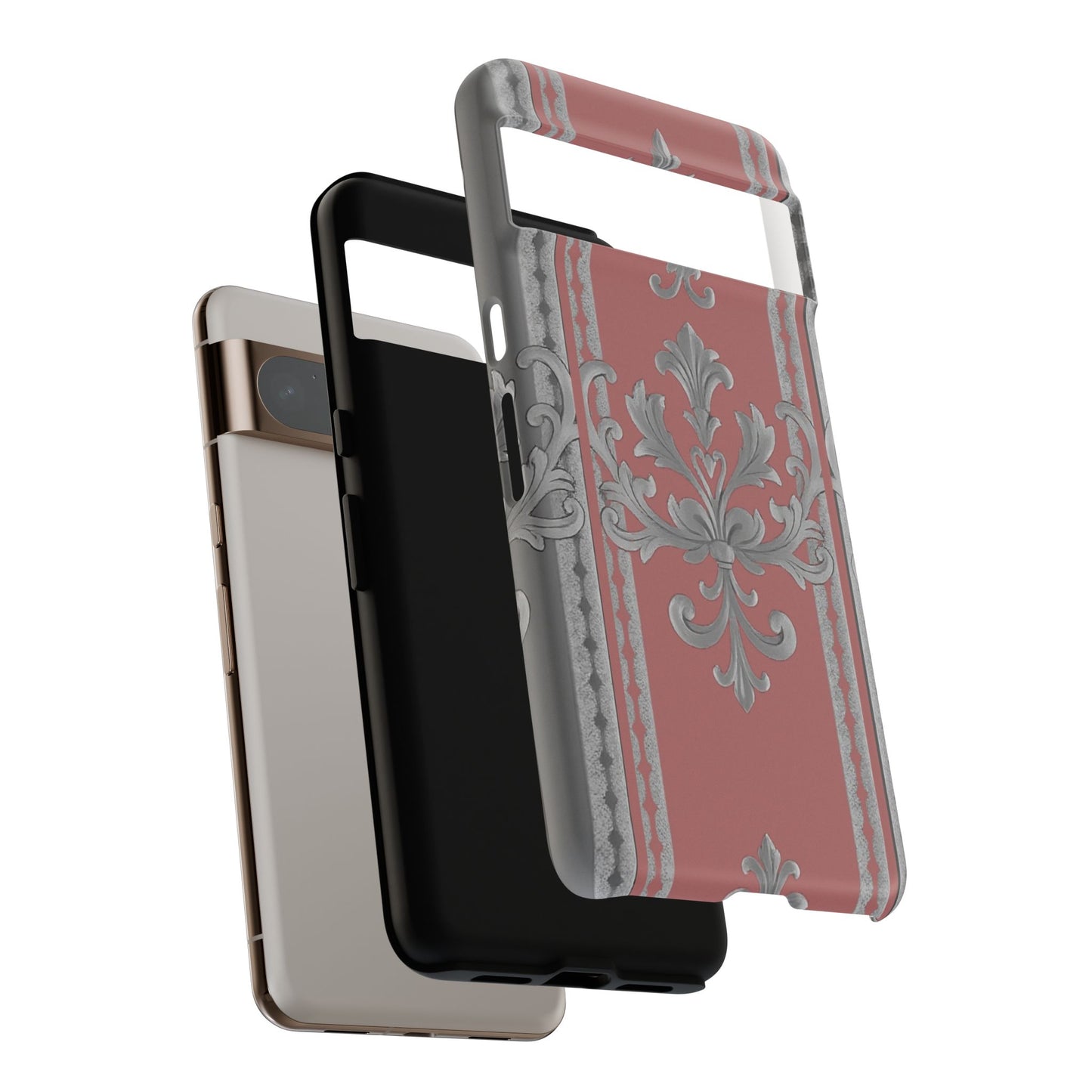 Elegant Floral Phone Case - Tough Cases for Stylish Protection - Gray & Mauve Striped Baroque