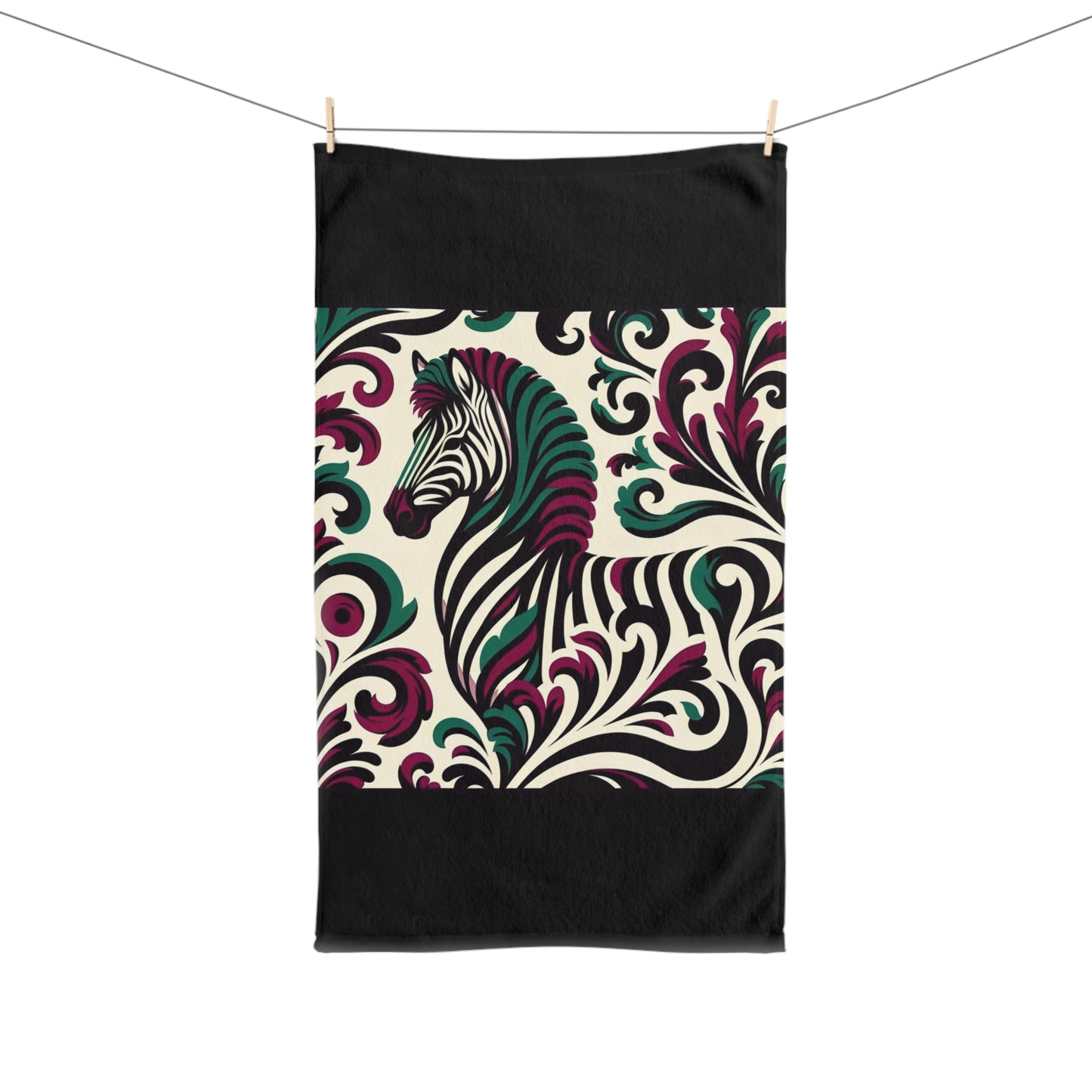 Hand Towel - Luxurious Ornate Elegant Burgundy & Green Zebra Damask Design - Elegant Home Décor