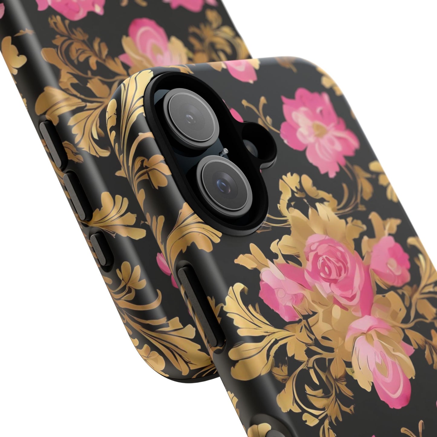 Elegant Floral Motif Phone Case - Tough Cases with Vintage Design - Pink & Gold Roses