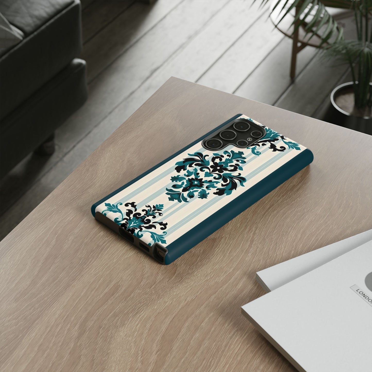 Elegant Floral Phone Case - Tough Cases with Vintage Design - Teal Striped Damask