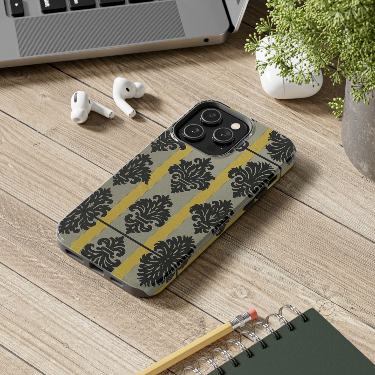 Elegant Baroque Tough Phone Cases | Chic Phone Protection | Gift for Her | Stylish Accessory | Holiday Gift Idea | Silver & Gold Striped Black Baroque