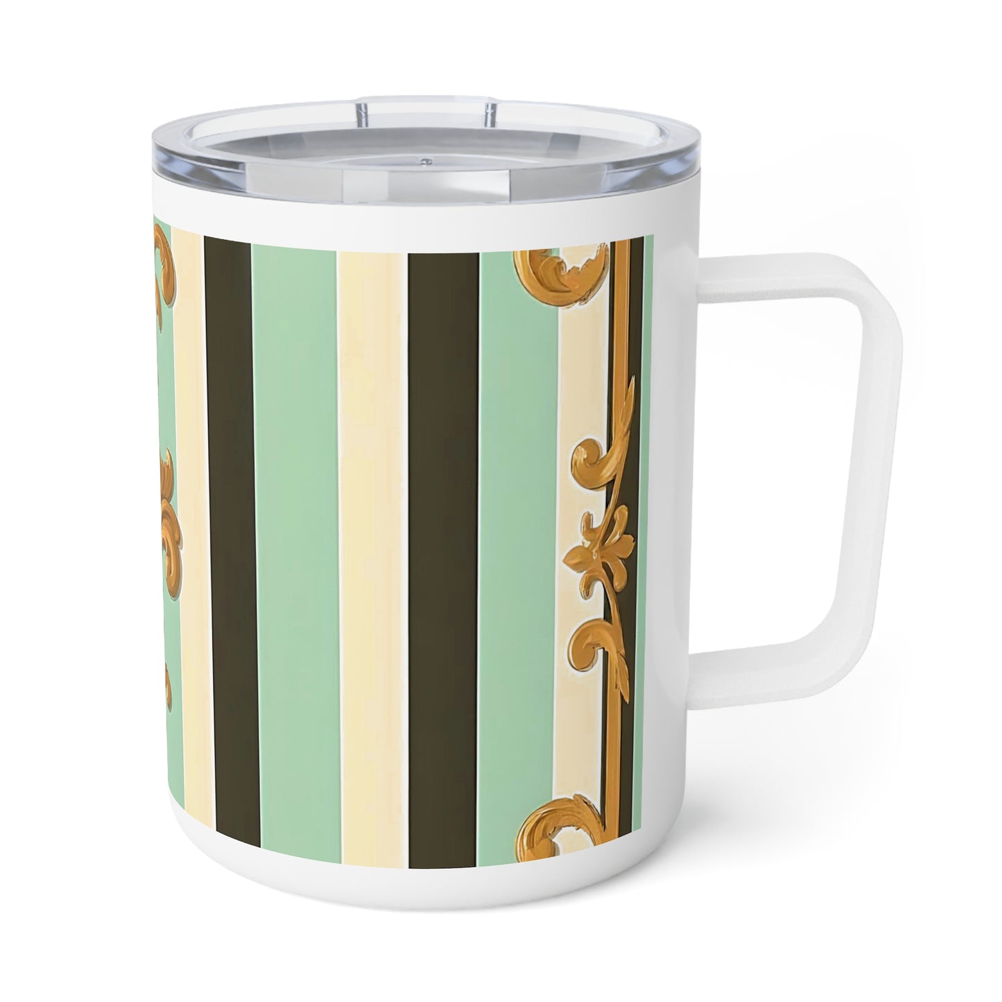 Elegant Insulated Coffee Mug, 10oz - Stylish Hot Beverage Container for Home, Office, Gifts, Parties, or Weddings - Black & Matte Mint Striped Rococo