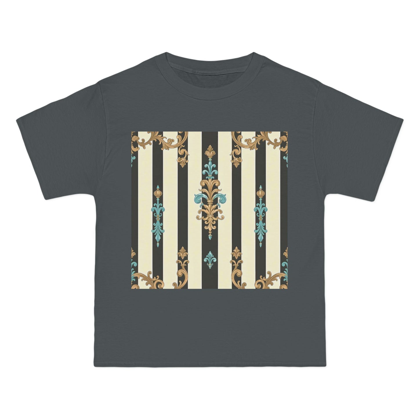 Elegant Floral Pattern Tee, Vintage Style T-Shirt, Gift for Her, Casual Outfit - Black Striped Turquoise & Black Rococo