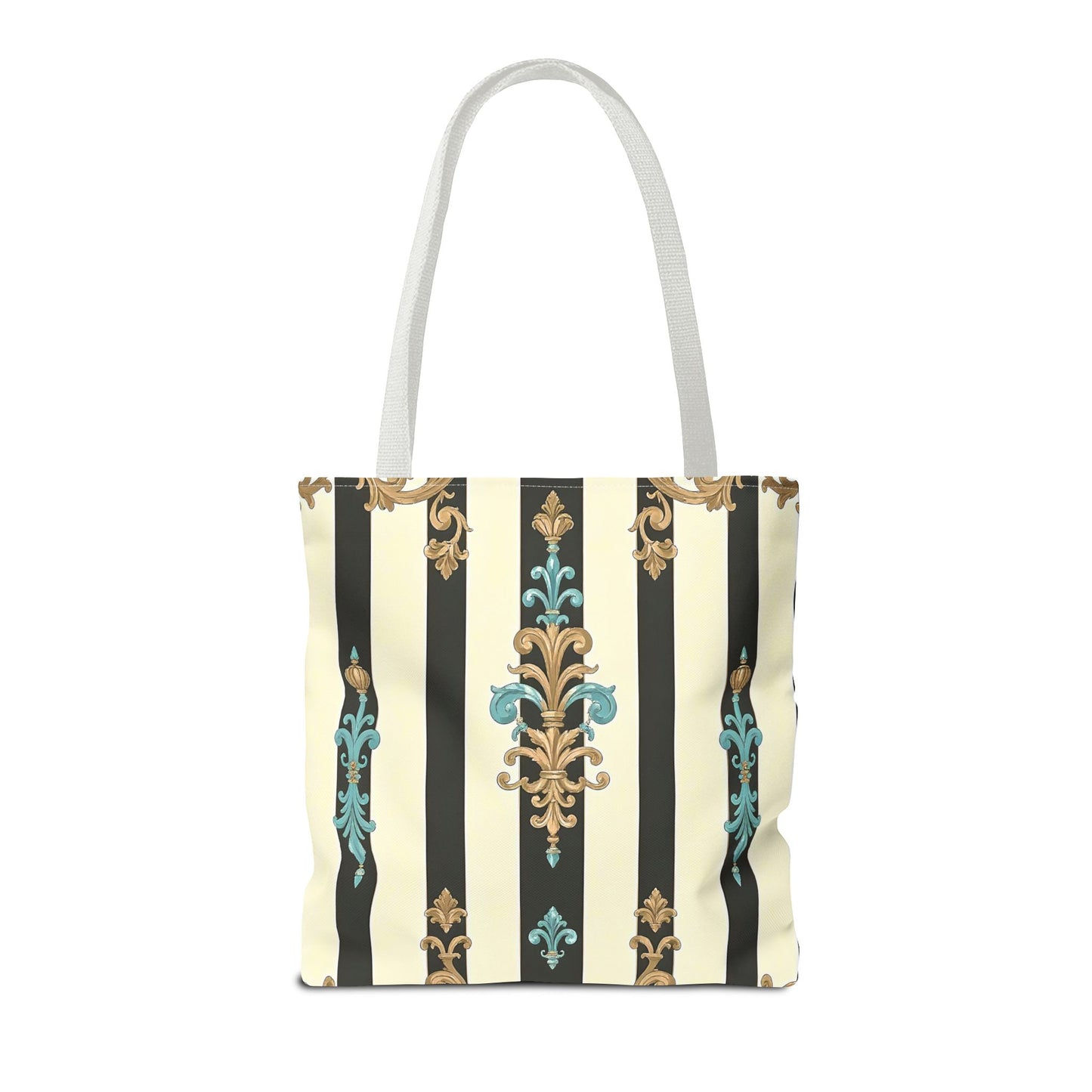 Elegant Stripe Pattern Tote Bag | Fashionable Reusable Shopping Tote, Eco-Friendly Gift Bag - Black Striped Turquoise & Black Rococo
