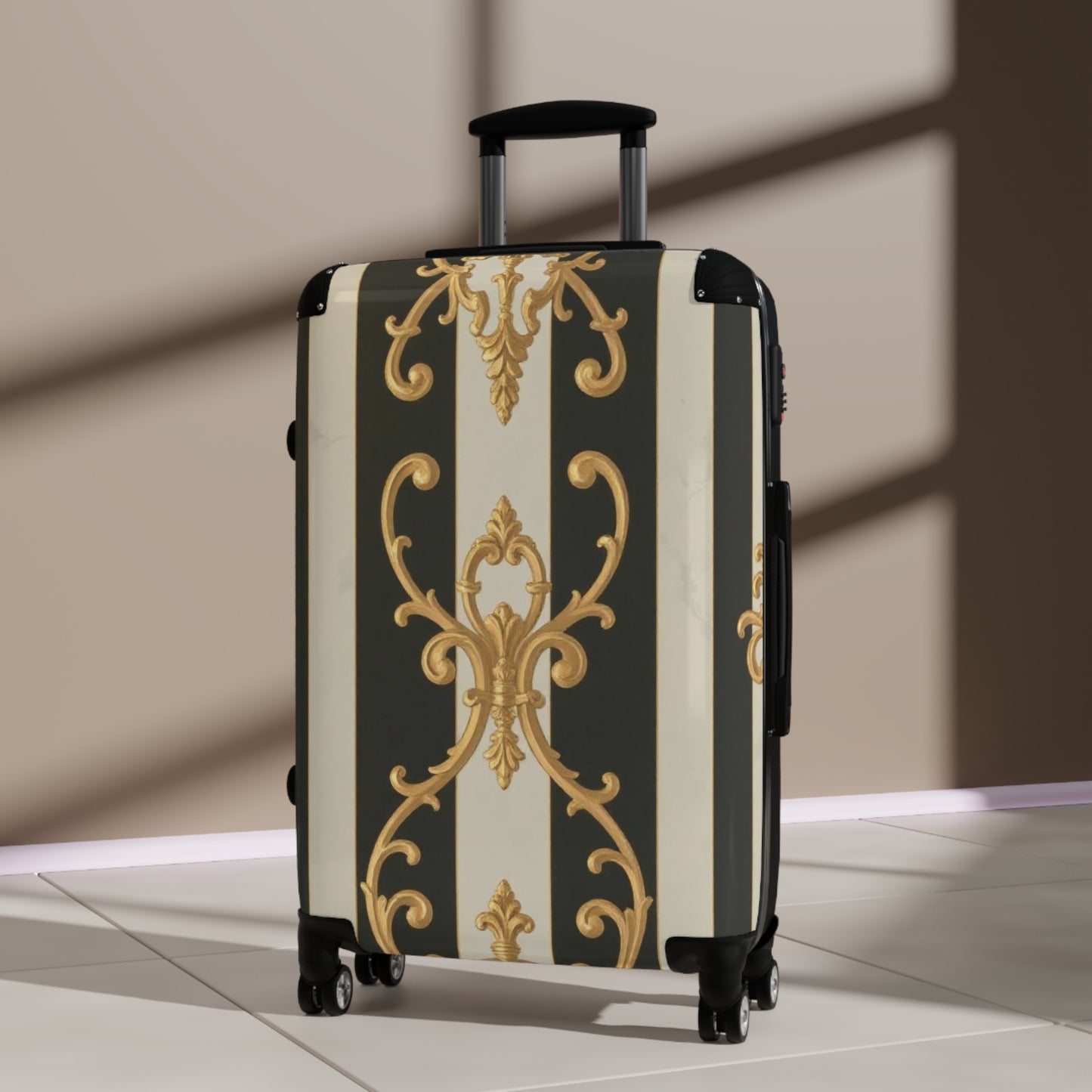 Stylish Black & Alabaster Striped Baroque Suitcase with Elegant Design, Travel Bag, Luggage, Vacation Accessories, Fashionable Carry-On