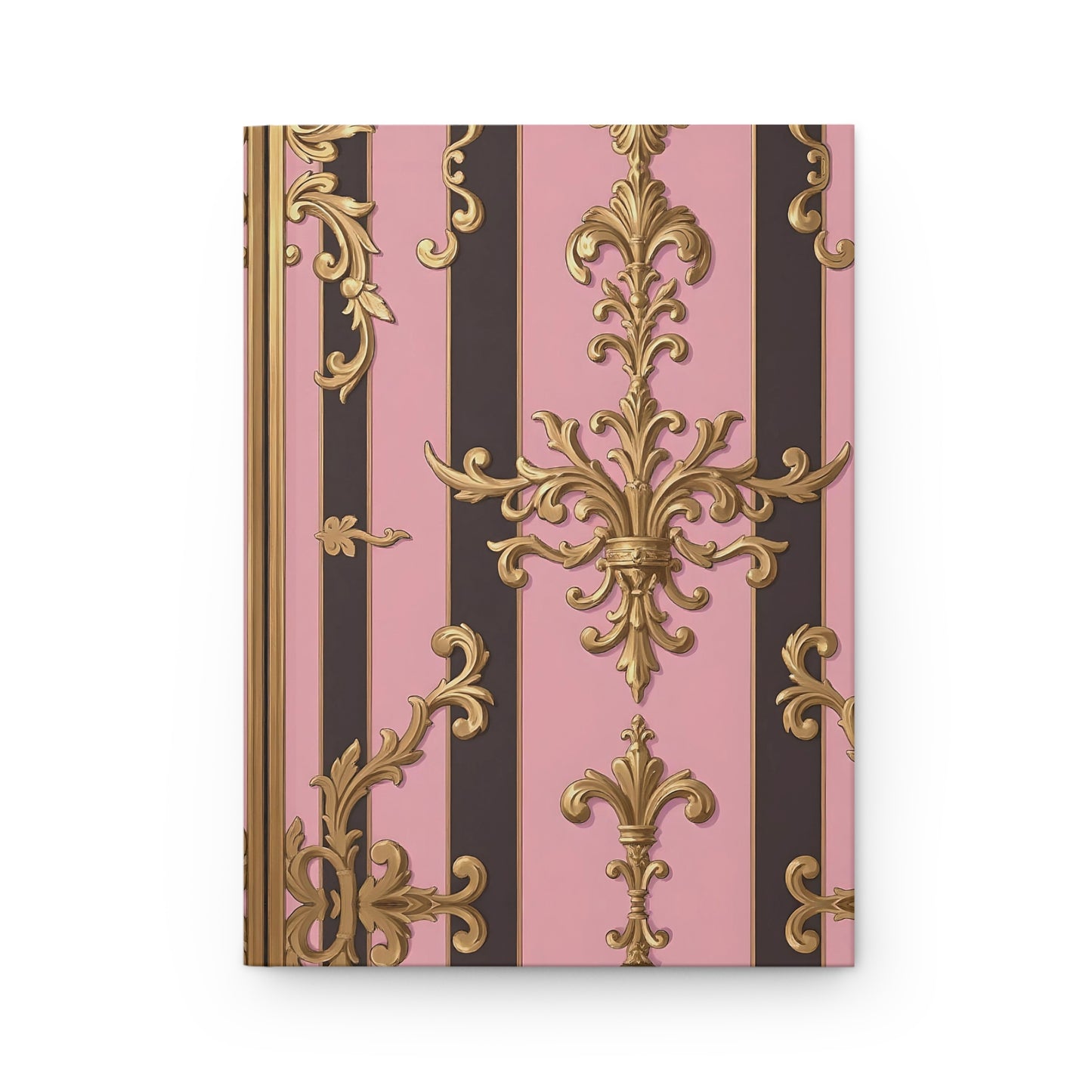 Elegant Floral Motif Hardcover Journal - Stylish Writing Notebook - Pink & Brown Striped Damask Design